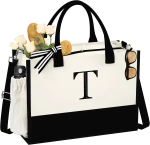 Initial Canvas Tote Bag - Reusable Grocery Bags, Birthday Gifts Basket for Bridemaids Friends Teachers