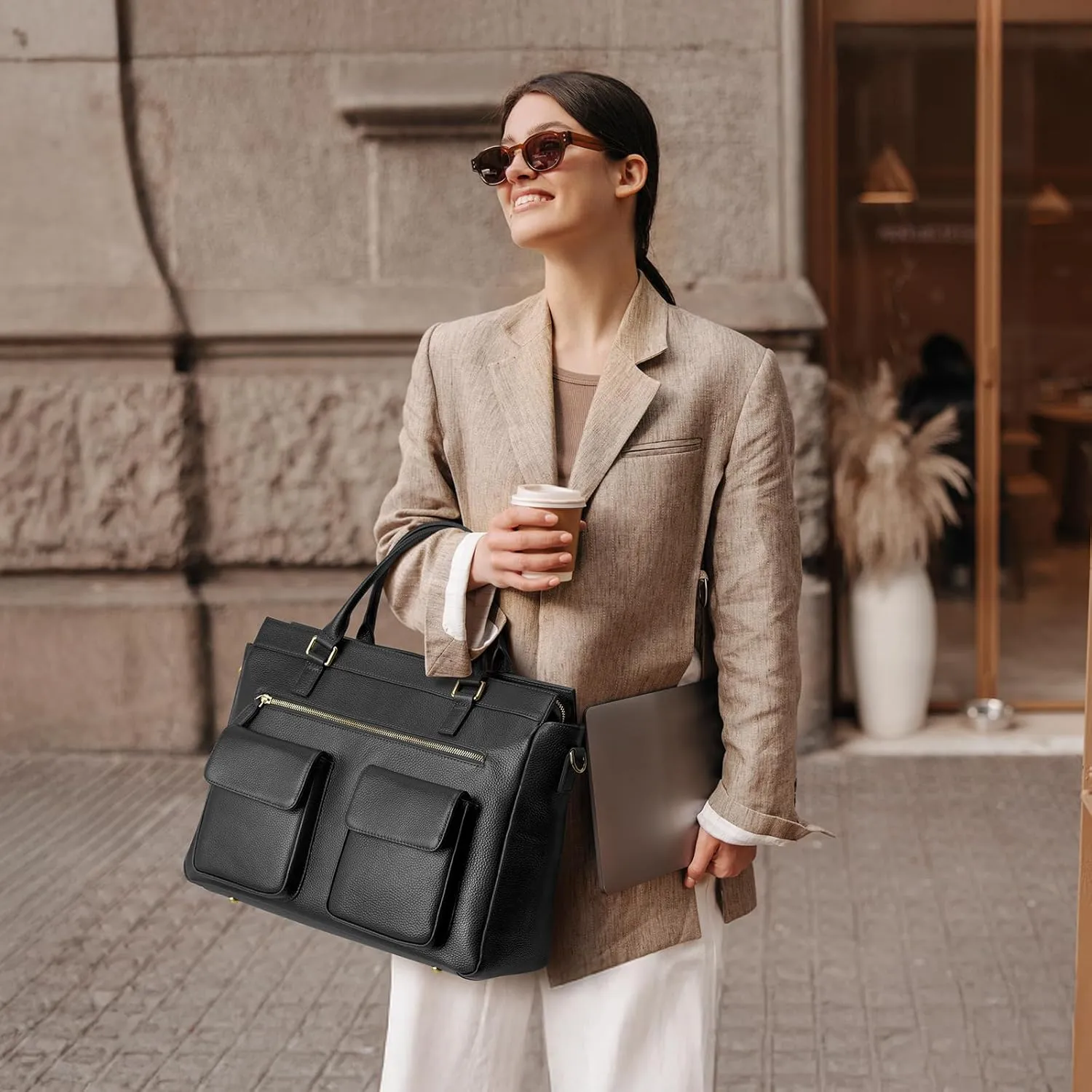 Kattee Leather Briefcase for Women, 15 Inches Laptop Bag, Work Tote with Luggage/Shoulder Strap
