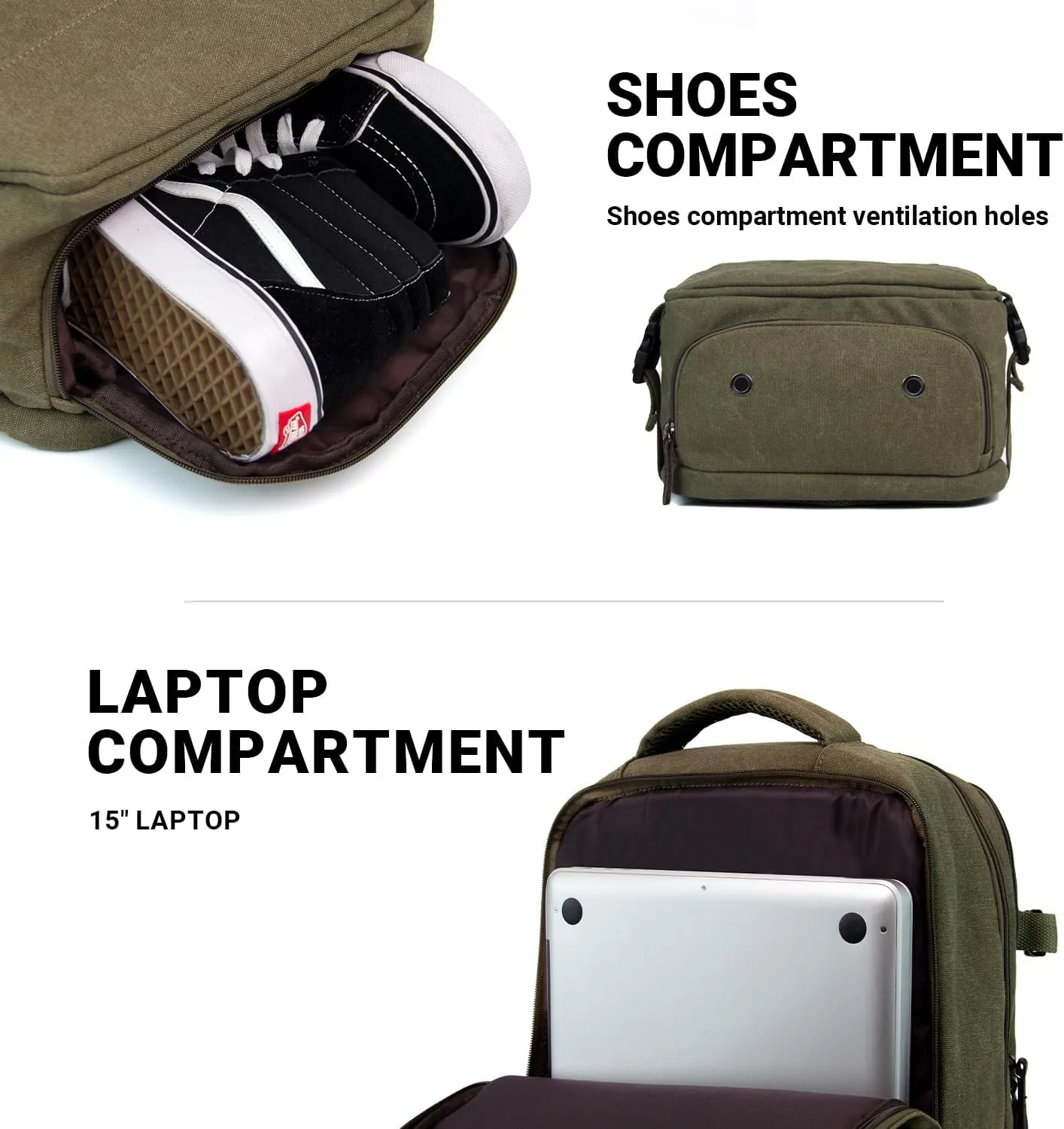 KAUKKO Canvas Travel Backpack, Personal Item Airline Approved, Carry On Backpack with Multi-Pockets and Shoe Pouch, fit 15.6 inch Laptop, 40L Weekender Bag, 11-ARMYGREEN