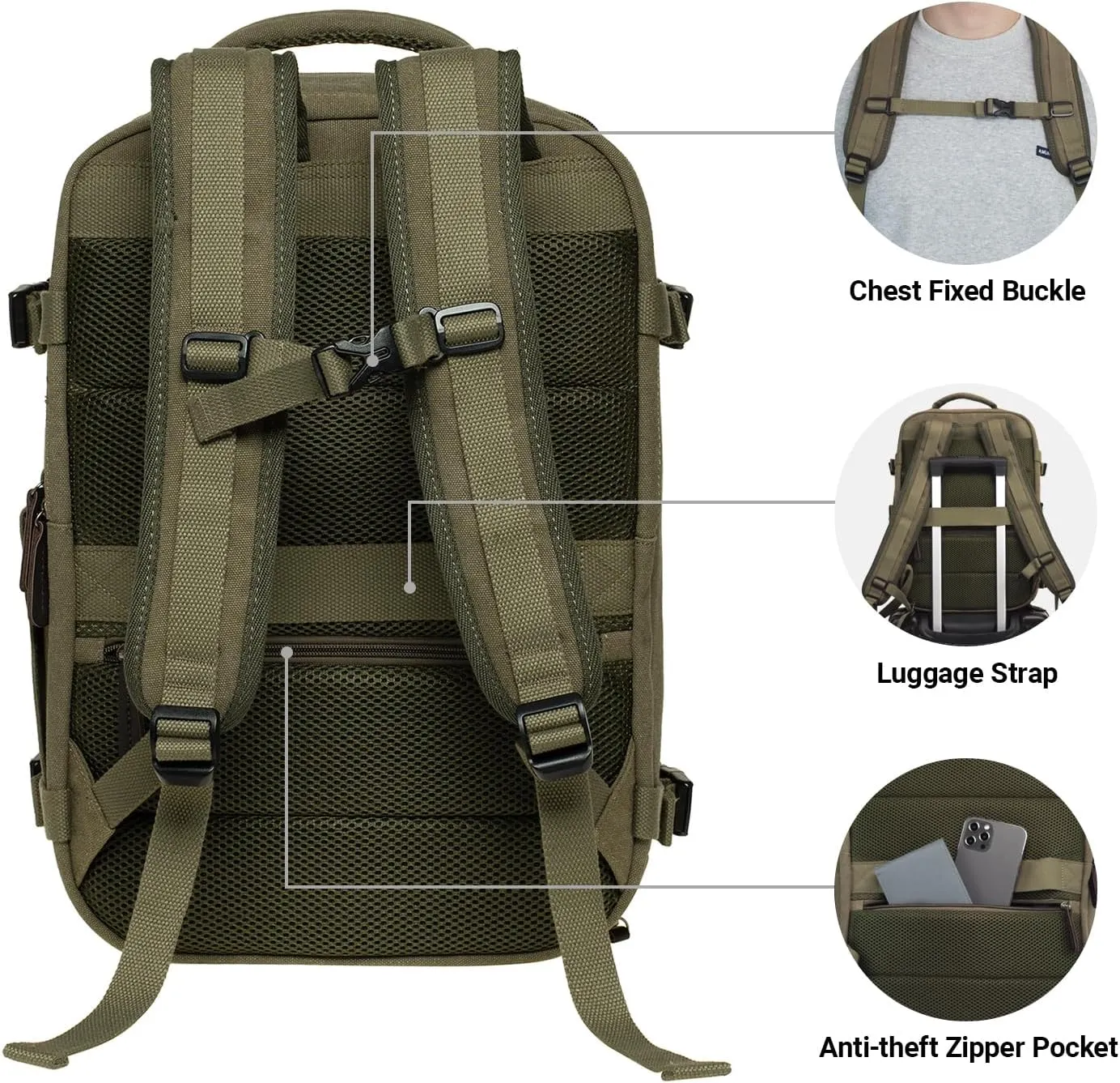 KAUKKO Canvas Travel Backpack, Personal Item Airline Approved, Carry On Backpack with Multi-Pockets and Shoe Pouch, fit 15.6 inch Laptop, 40L Weekender Bag, 11-ARMYGREEN
