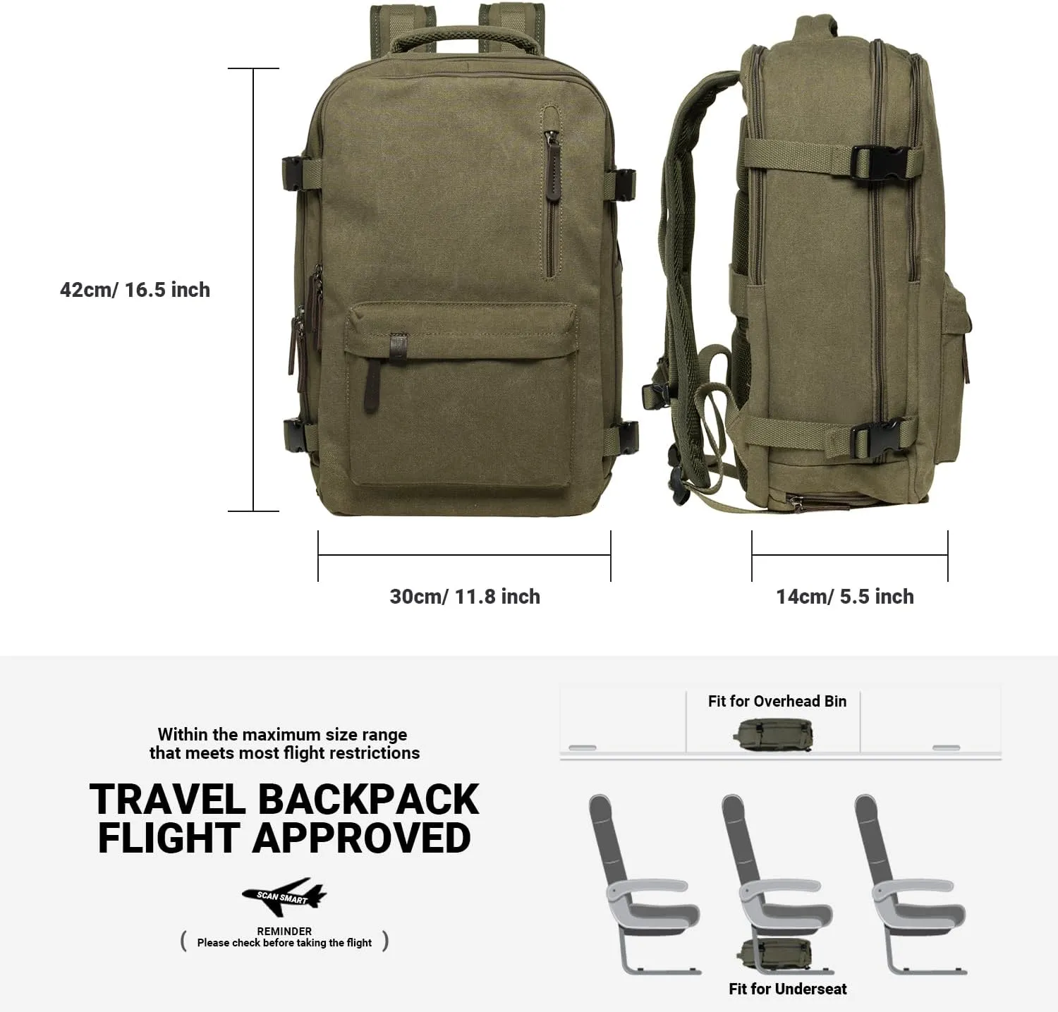 KAUKKO Canvas Travel Backpack, Personal Item Airline Approved, Carry On Backpack with Multi-Pockets and Shoe Pouch, fit 15.6 inch Laptop, 40L Weekender Bag, 11-ARMYGREEN