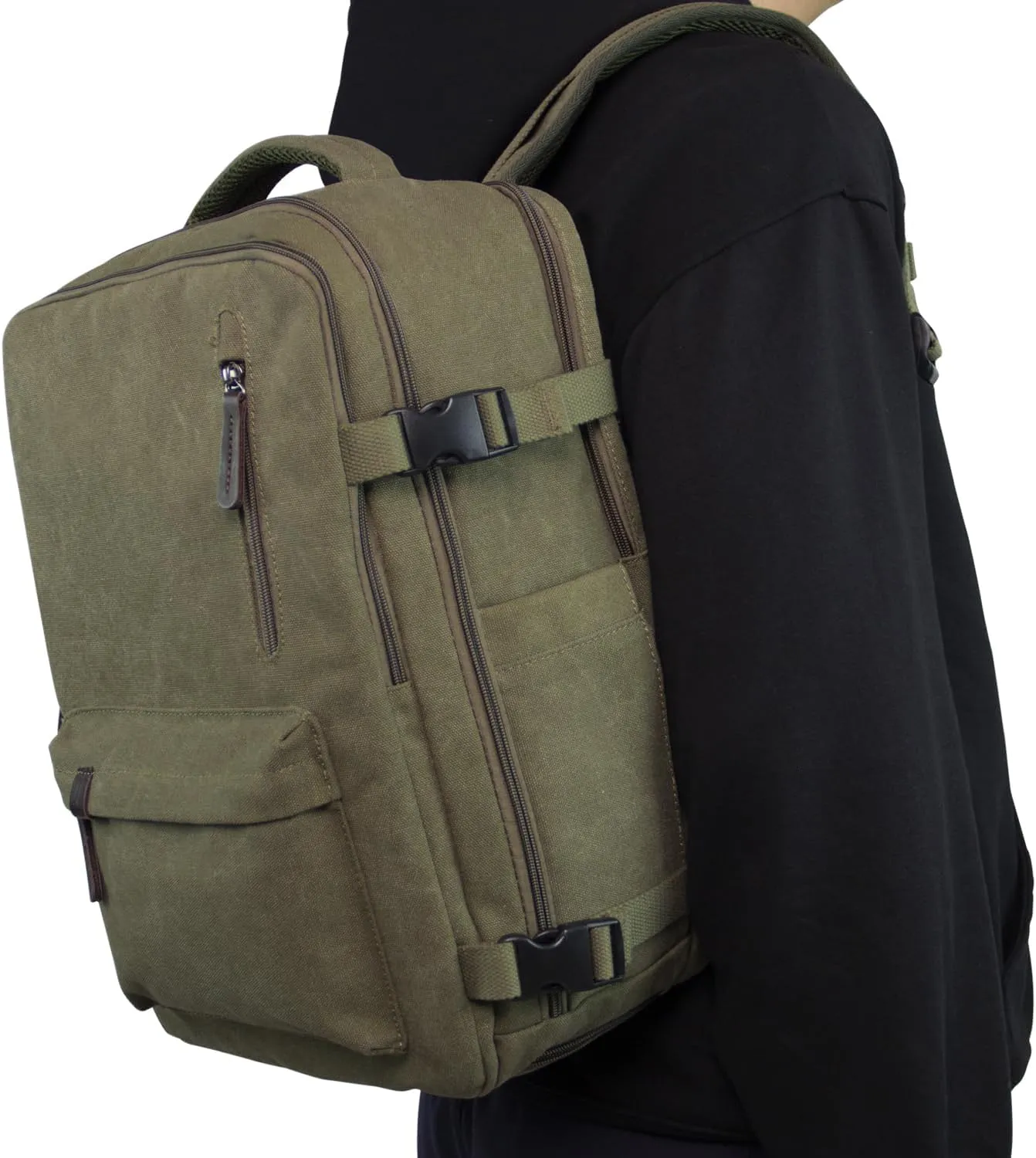 KAUKKO Canvas Travel Backpack, Personal Item Airline Approved, Carry On Backpack with Multi-Pockets and Shoe Pouch, fit 15.6 inch Laptop, 40L Weekender Bag, 11-ARMYGREEN
