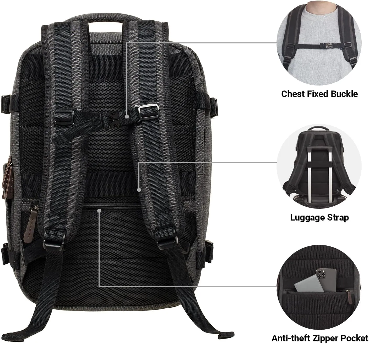 KAUKKO Canvas Travel Backpack, Personal Item Airline Approved, Carry On Backpack with Multi-Pockets and Shoe Pouch, fit 15.6 inch Laptop, 40L Weekender Bag, 11-BLACK