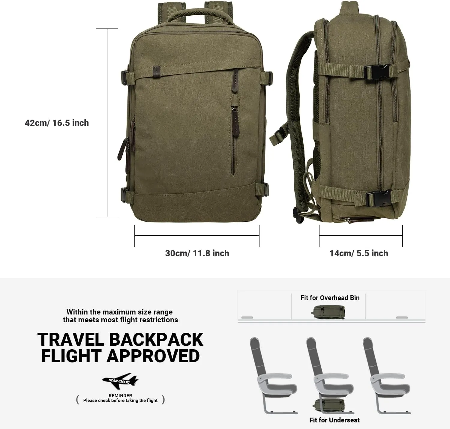 KAUKKO Thick Canvas Travel Backpack, Flight Approved Carry On Backpack with Shoe Pouch and 15.6 inch Laptop Compartment, 40L Luggage Casual Daypack Weekender Bag 10-ARMYGREEN