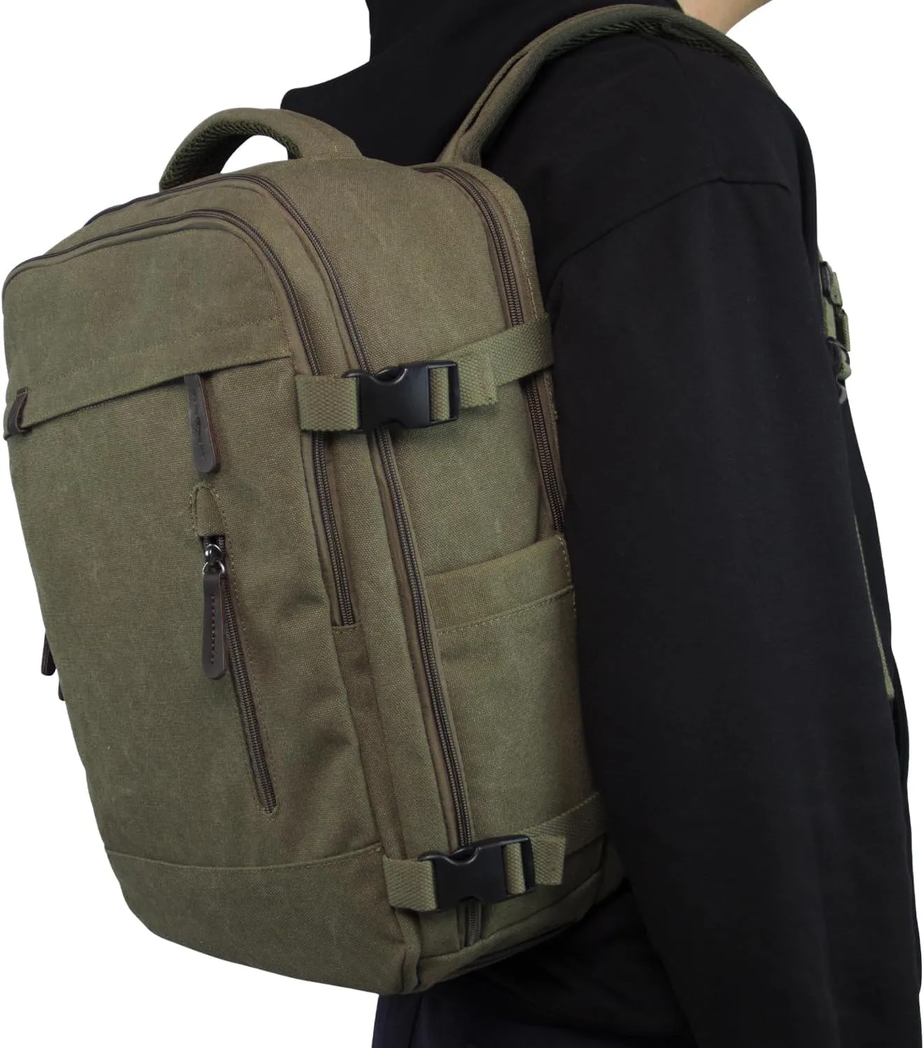 KAUKKO Thick Canvas Travel Backpack, Flight Approved Carry On Backpack with Shoe Pouch and 15.6 inch Laptop Compartment, 40L Luggage Casual Daypack Weekender Bag 10-ARMYGREEN