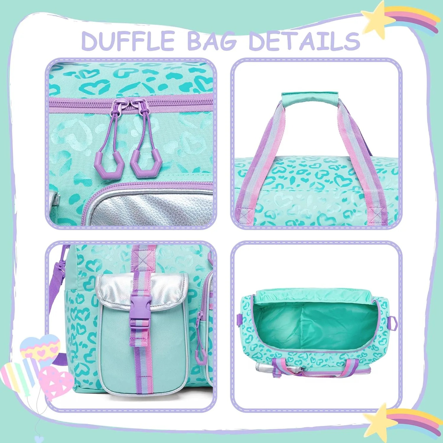 Kids Duffle Bag Girls Women Travel Bag Gifts Overnight Bag for Girls Women Tote Bag Sleepover Bag for Girls Gym Dance Bag with Shoes Compartment, Love Green