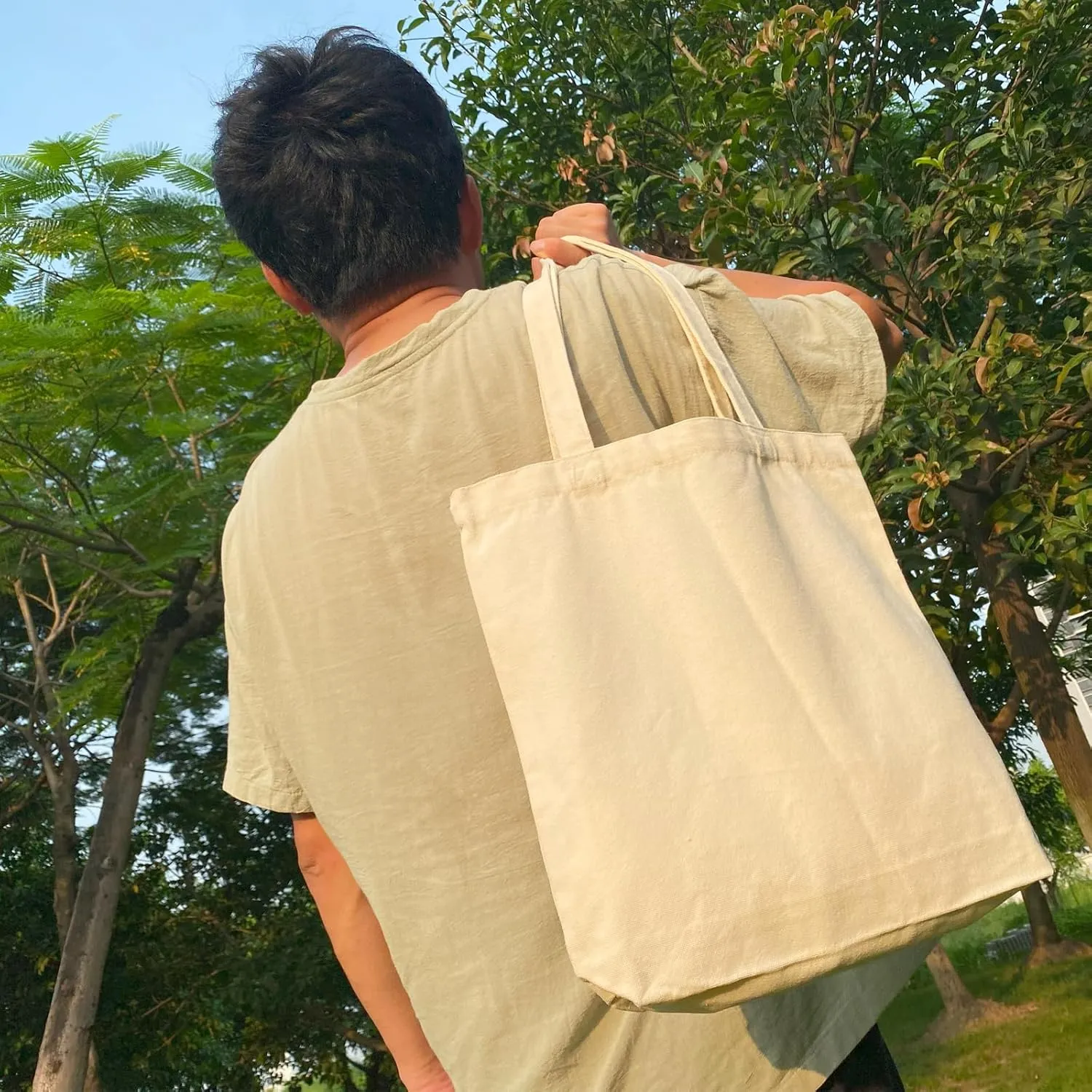 Koolmox 6-Pack 13.5x13.5x3.5 Tote Bags with Zipper, Reinforced Handles and Widen Bottom, Canvas Tote Bag, Grocery Shopping Beach Reusable Totes Bags Vacation Bag Solid Beige Book Bag for Crafts Paint
