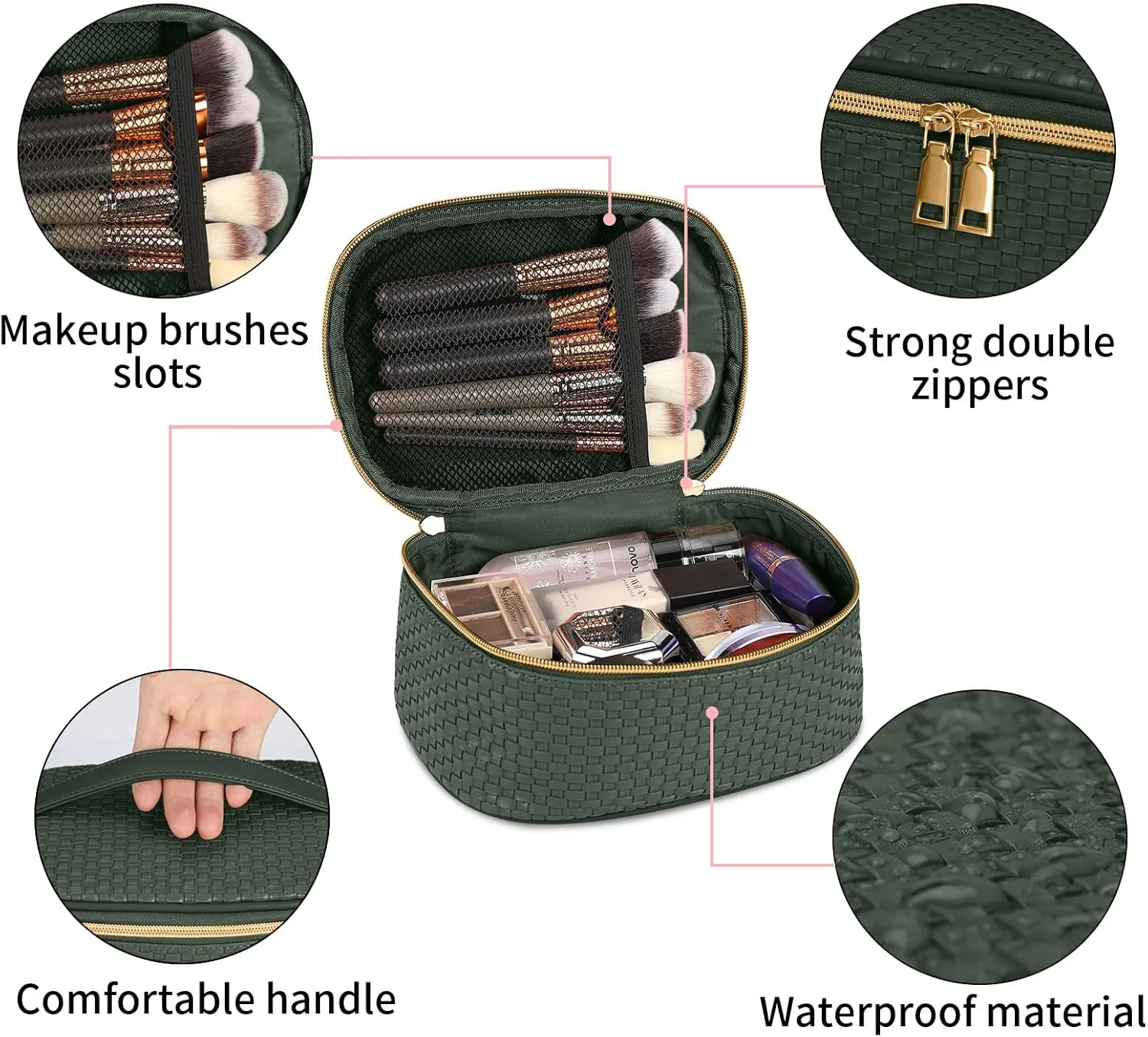 KTMOUW Makeup Bag 3 Pcs Waterproof Cosmetic Bag Set Portable Travel Cosmetic Bag Multifunction Organizer Storage Bag Weave Toiletry Bag for Women, Deep Green