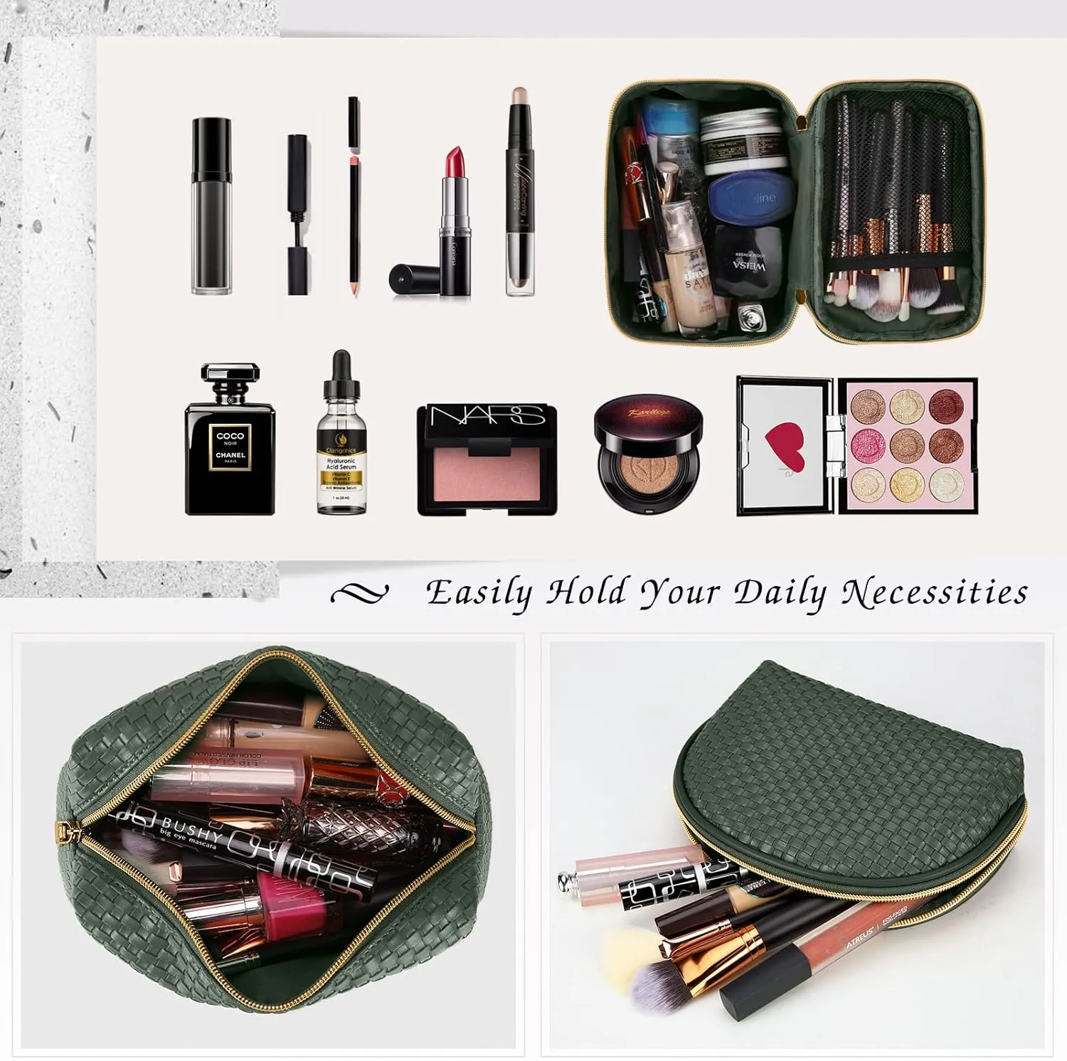 KTMOUW Makeup Bag 3 Pcs Waterproof Cosmetic Bag Set Portable Travel Cosmetic Bag Multifunction Organizer Storage Bag Weave Toiletry Bag for Women, Deep Green
