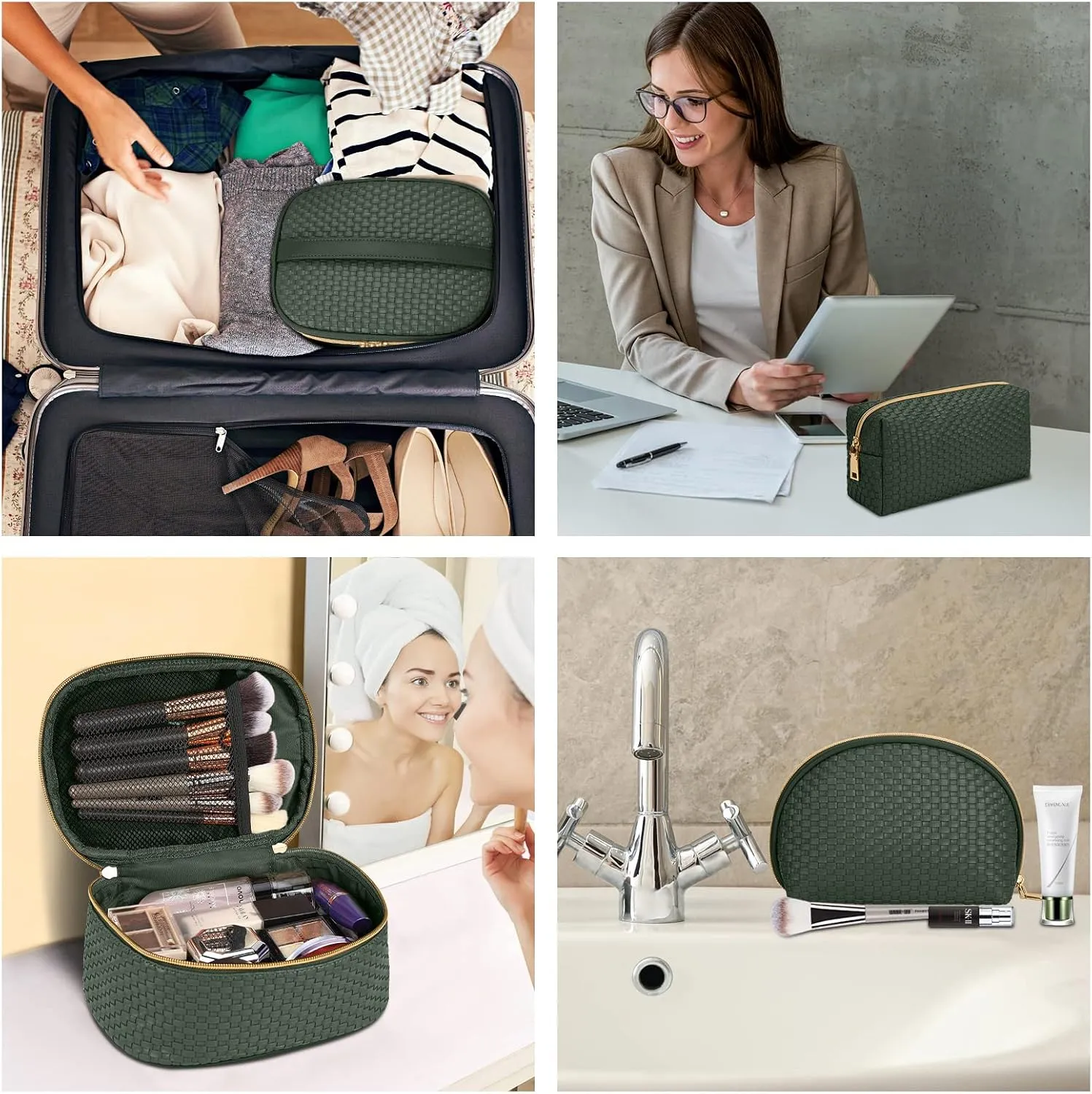 KTMOUW Makeup Bag 3 Pcs Waterproof Cosmetic Bag Set Portable Travel Cosmetic Bag Multifunction Organizer Storage Bag Weave Toiletry Bag for Women, Deep Green