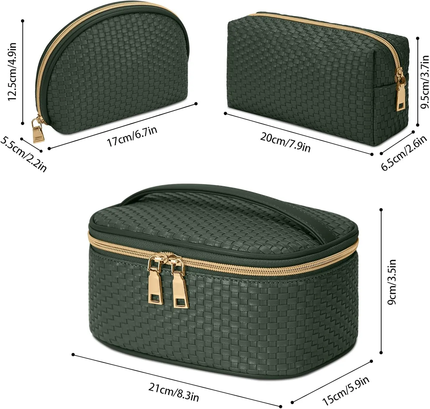 KTMOUW Makeup Bag 3 Pcs Waterproof Cosmetic Bag Set Portable Travel Cosmetic Bag Multifunction Organizer Storage Bag Weave Toiletry Bag for Women, Deep Green