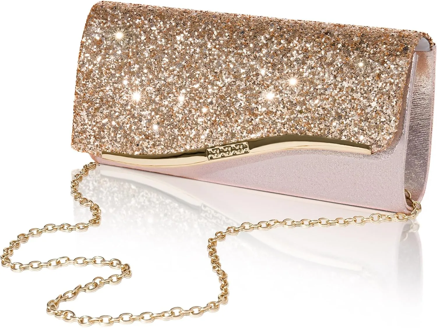 Larcenciel Glitter Evening Clutch Purse for Women with 2 Chain Straps, Fashion Youth Girls Party Bags, Sequins Shoulder Crossbody Handbags for Prom Wedding Cocktail Formal Events Nights Out, Champagne