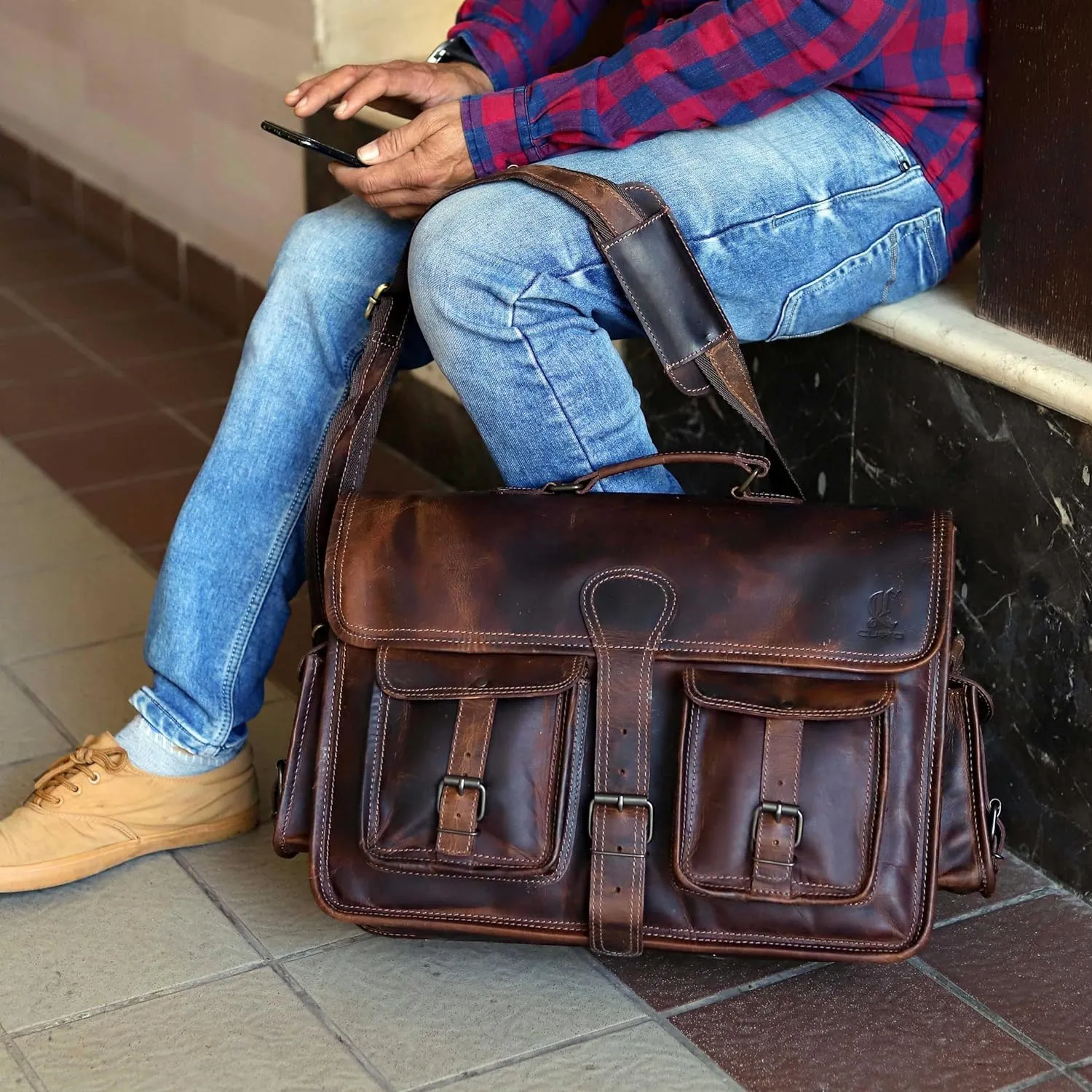 Large Leather Laptop Messenger Bag Vintage Briefcase Satchel for Men and Women (16 inch)