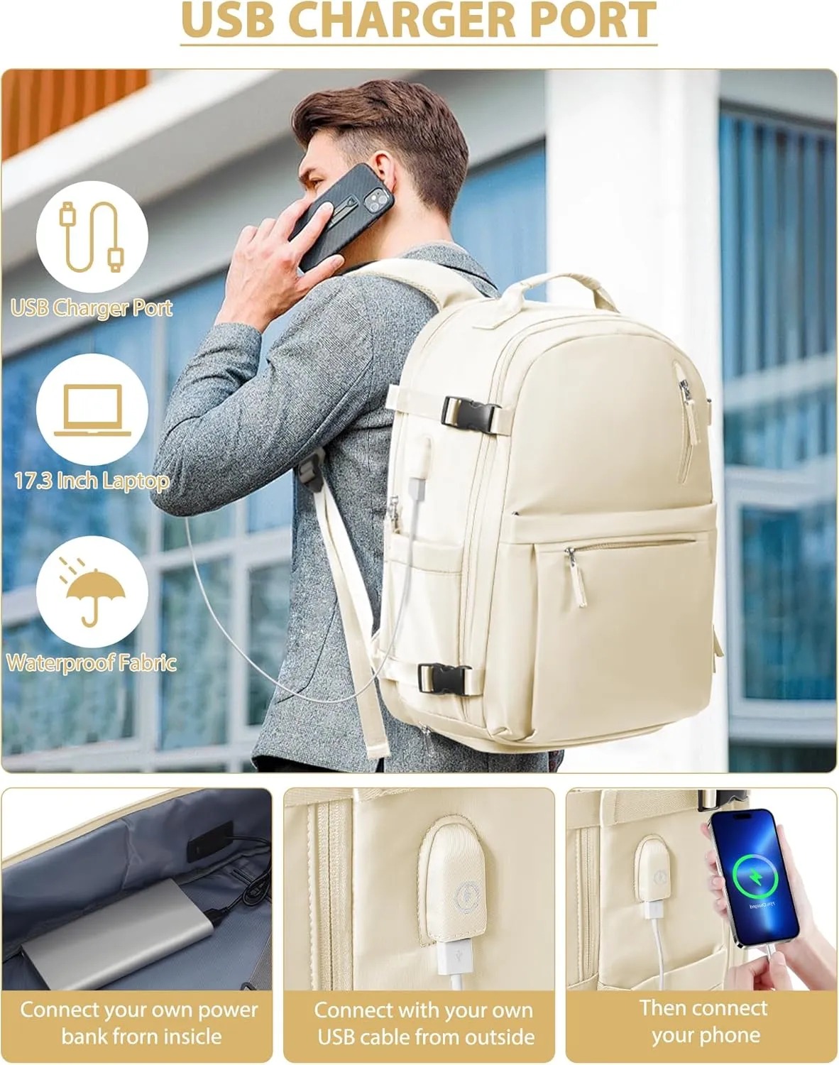 Large Travel Backpack for Women & Men - Carry On & Personal Item - Business & Laptop Daypack - Gym & College Casual Daypack for Weekend Hiking - Beige