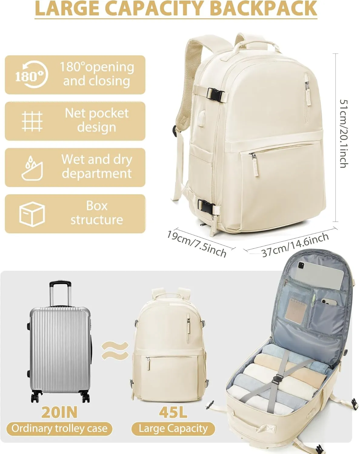Large Travel Backpack for Women & Men - Carry On & Personal Item - Business & Laptop Daypack - Gym & College Casual Daypack for Weekend Hiking - Beige
