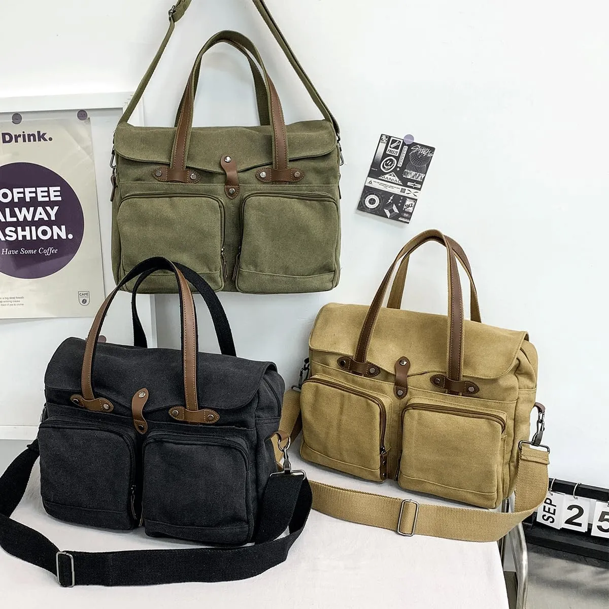 Large Vintage Canvas Messenger Shoulder Bag Travel Crossbody Bag for Men Women Messenger bag Handbag with Multiple Pockets