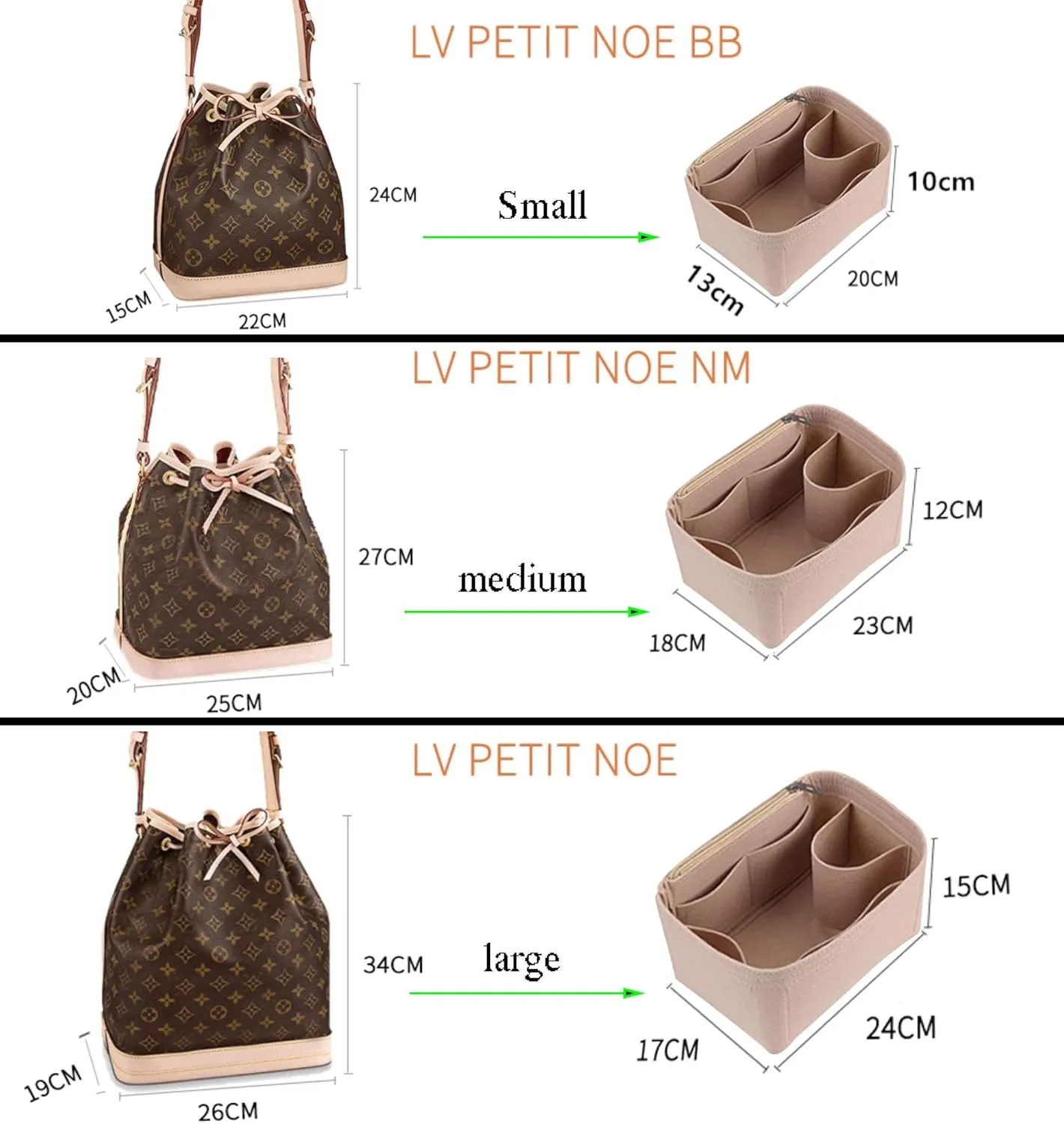 Lckaey Purse Organizer insert for LV NOE BB Petit NOE NM storage bag Organizer With Zipped pocket Y059khaki-Large