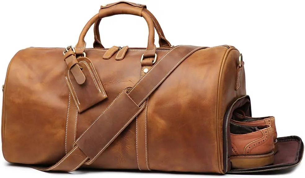 Leather Travel Luggage Bag, Mens Duffle Retro Carry on Handbag (Brown) X-Large