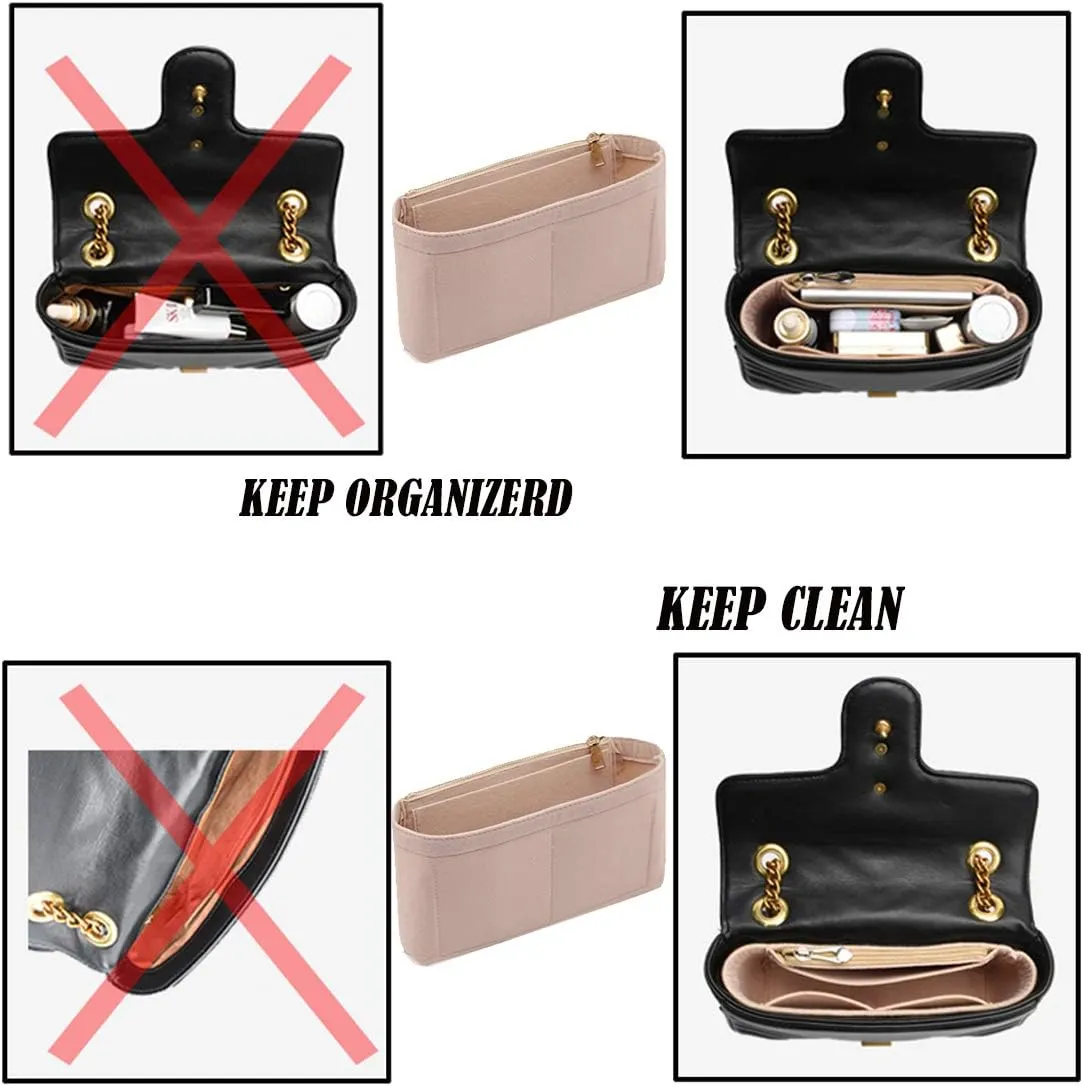 LEXSION Felt Insert Purse Organizer with Zipper,Mini Handbag Tote Shaper Insert for GG Marmont Matelasse Shoulder Bag(Pack of 2)- Buy 1 Get 1 Bag Free X-Small 8030 Beige