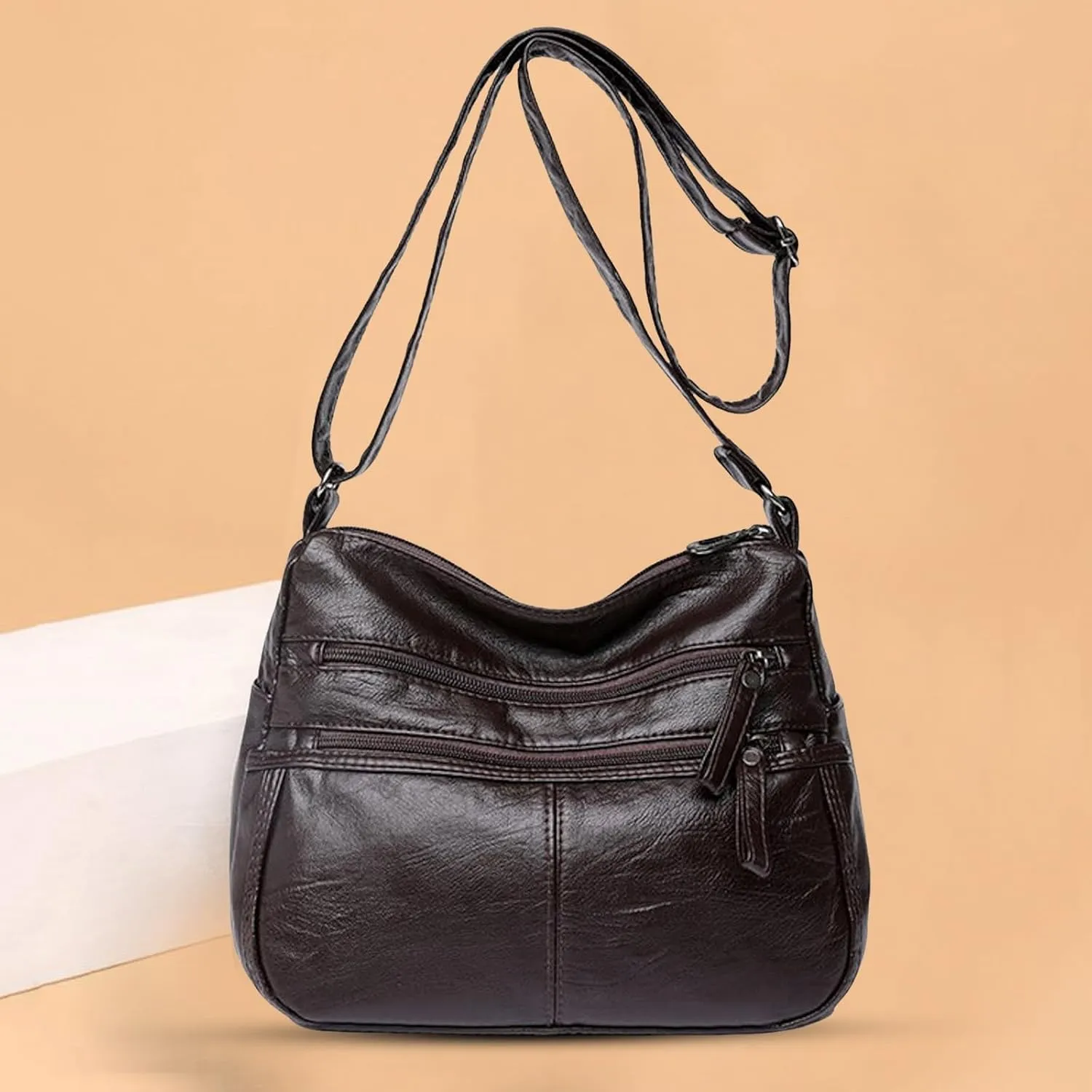 Lightweight 3 Compartment Faux Leather Medium Hobo Bag Hobo, Silver