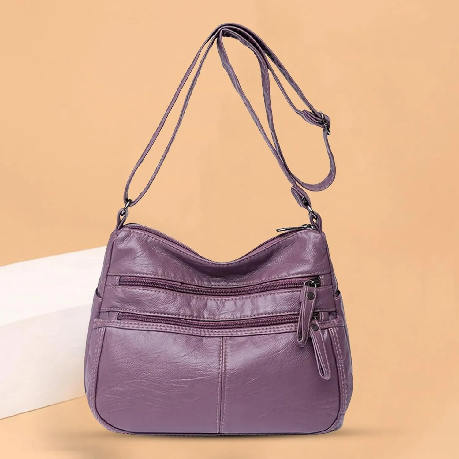 Lightweight 3 Compartment Faux Leather Medium Hobo Bag Hobo, Silver