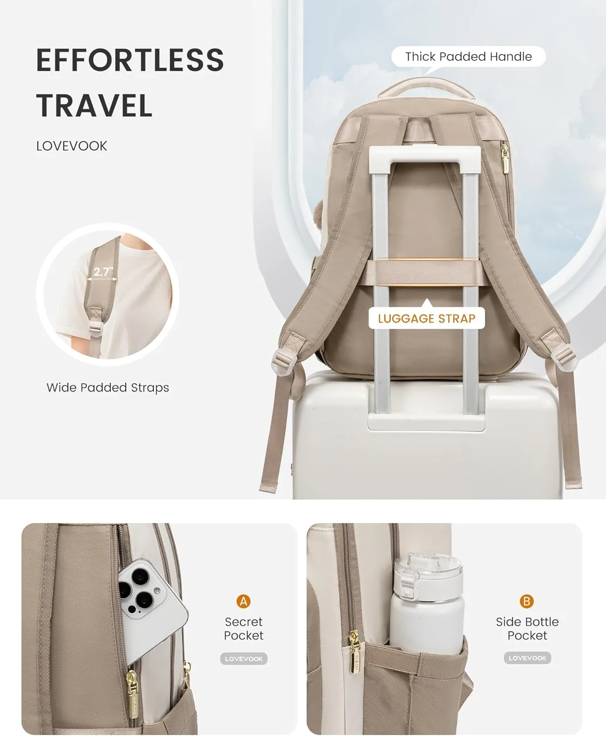 LOVEVOOK School Backpack for Teen Girls, Cute Student Backpack Purse Kid Bookbag for 14-16 Teenage, Back to School Backpacks Fit 15.6 Inch Laptop, Large College Travel Bag, Beige-Khaki