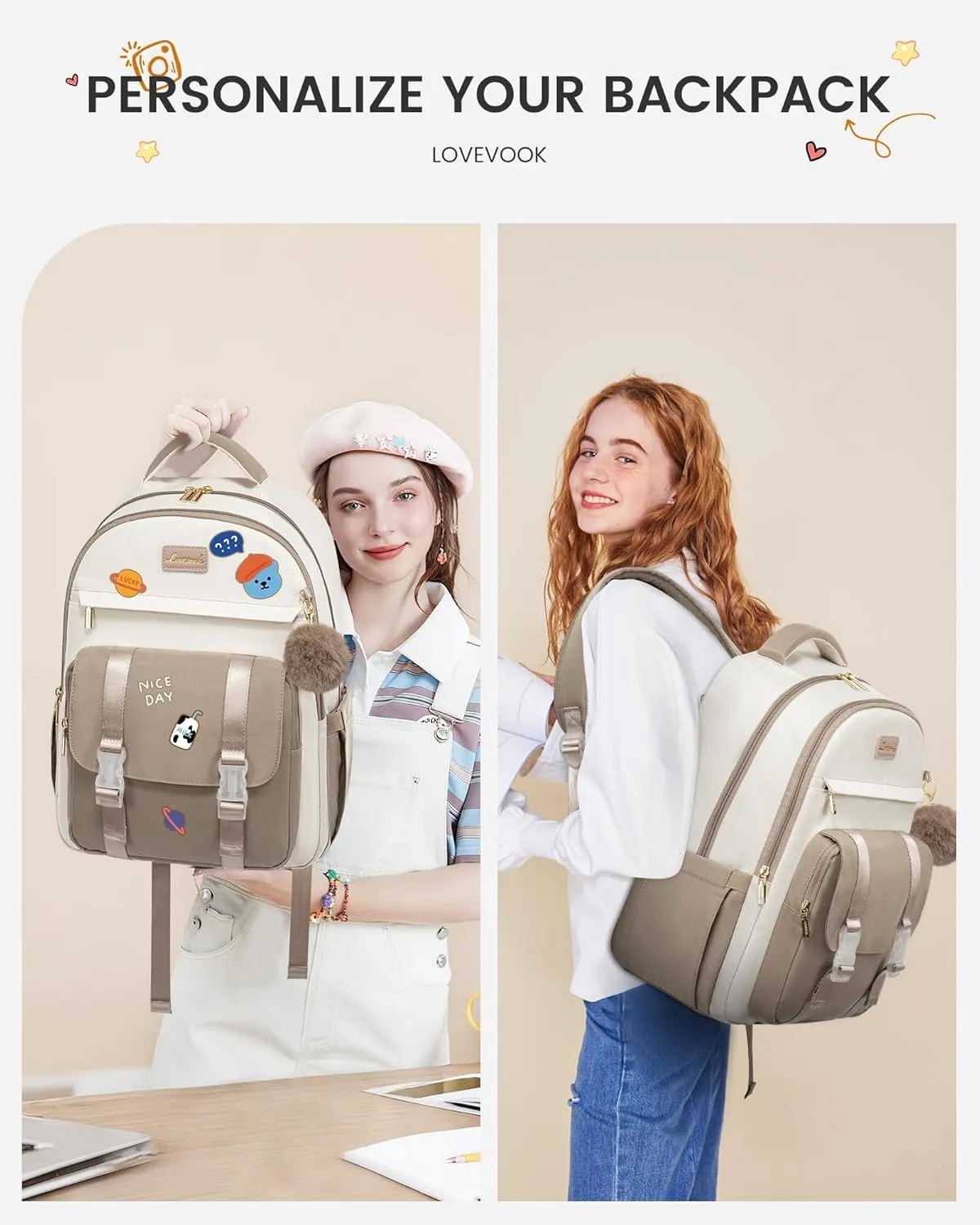 LOVEVOOK School Backpack for Teen Girls, Cute Student Backpack Purse Kid Bookbag for 14-16 Teenage, Back to School Backpacks Fit 15.6 Inch Laptop, Large College Travel Bag, Beige-Khaki