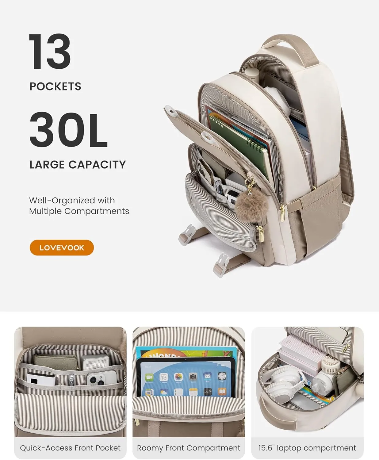 LOVEVOOK School Backpack for Teen Girls, Cute Student Backpack Purse Kid Bookbag for 14-16 Teenage, Back to School Backpacks Fit 15.6 Inch Laptop, Large College Travel Bag, Beige-Khaki