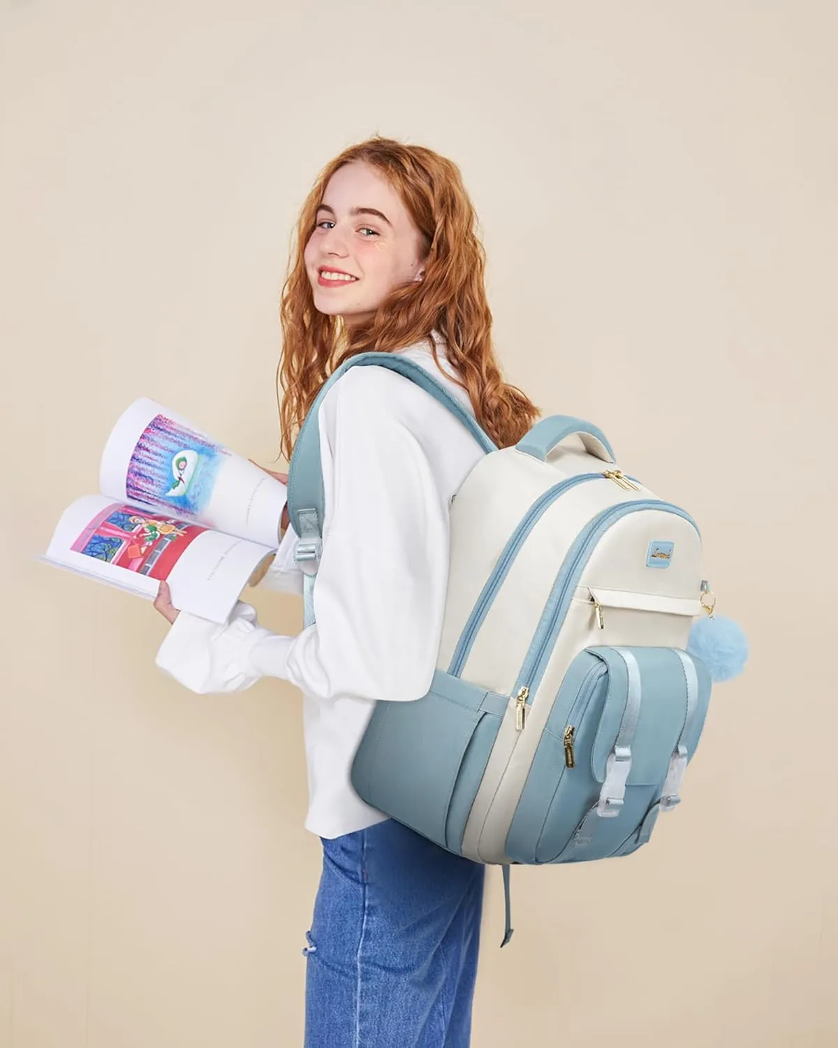 LOVEVOOK School Backpack for Teen Girls, Cute Student Backpack Purse Kid Bookbag for 14-16 Teenage, Back to School Backpacks Fit 15.6 Inch Laptop, Large College Travel Bag, Beige-Light Blue