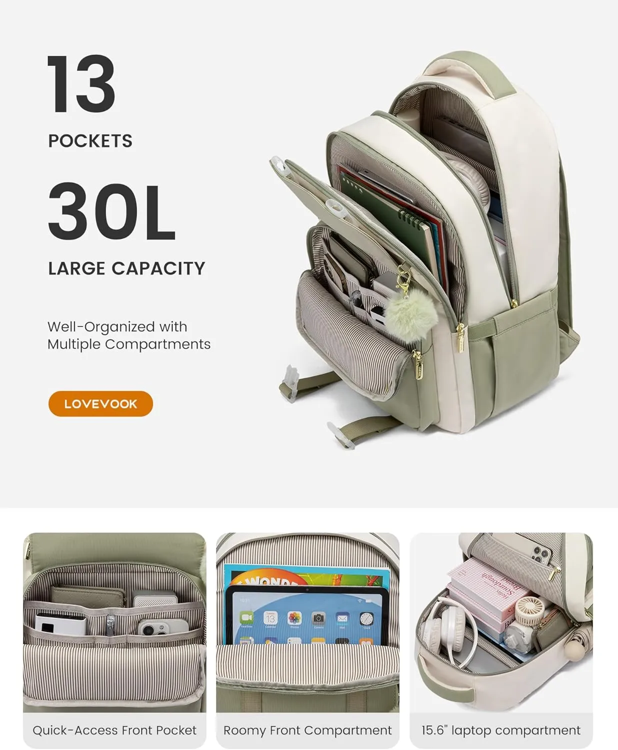 LOVEVOOK School Backpack for Teen Girls, Cute Student Backpack Purse Kid Bookbag for 14-16 Teenage, Back to School Backpacks Fit 15.6 Inch Laptop, Large College Travel Bag, Beige-Light Blue