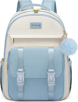 LOVEVOOK School Backpack for Teen Girls, Cute Student Backpack Purse Kid Bookbag for 14-16 Teenage, Back to School Backpacks Fit 15.6 Inch Laptop, Large College Travel Bag, Beige-Light Blue