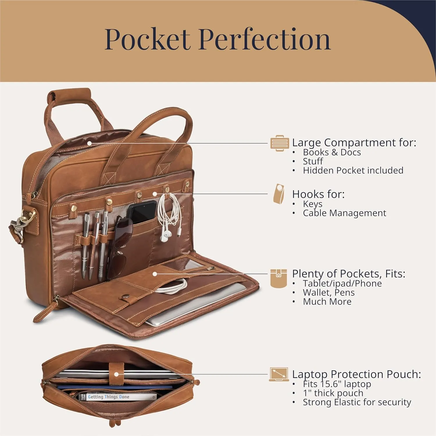 Luxorro Full-Grain Leather Briefcase for Men - Laptop Bag with Leather Computer Compartment