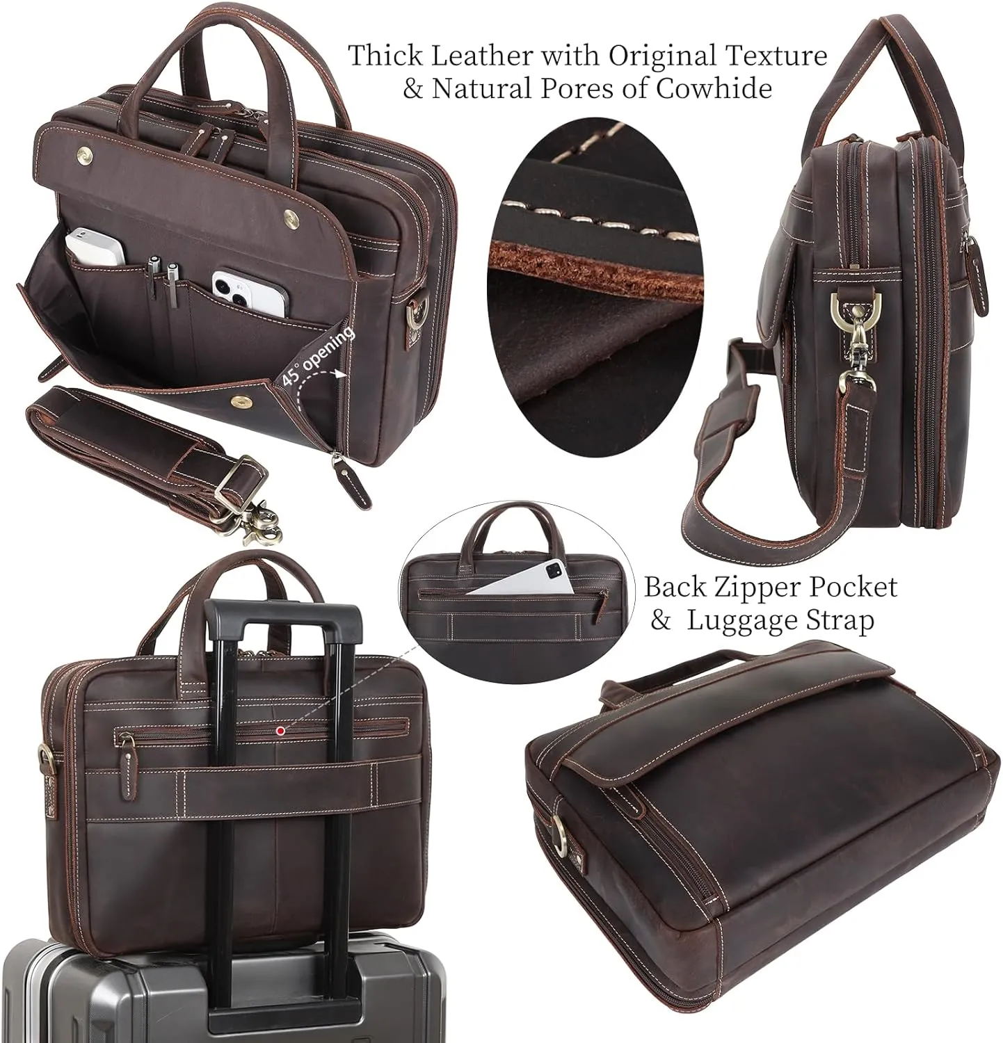 Masa Kawa Leather Briefcase for Men 15.6" - 17" Laptop Computer Case Business Travel Work Messenger Cross Body Shoulder Bag