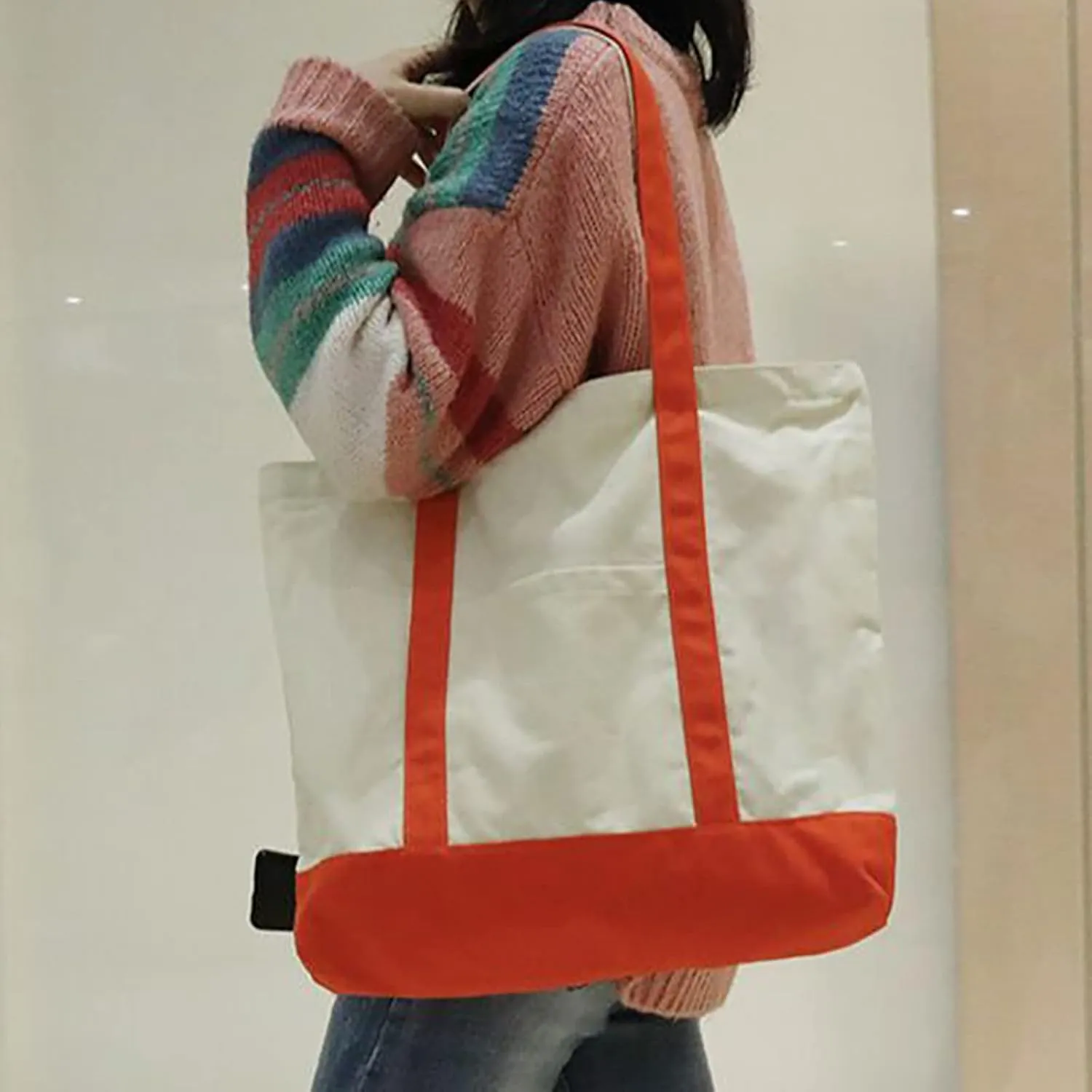 Medium Supermarket Bag Large Capacity Zipper Portable Canvas Bag Shoulder Bags Men Women (Red, One Size)