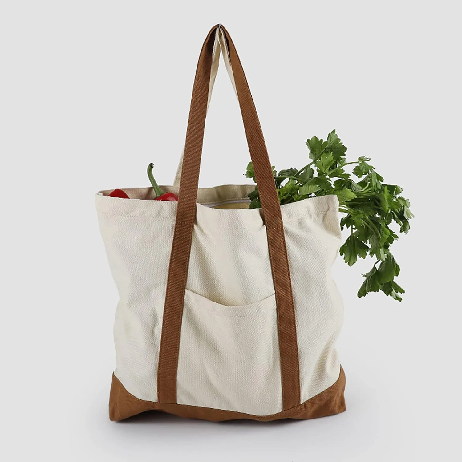 Medium Supermarket Bag Large Capacity Zipper Portable Canvas Bag Shoulder Bags Men Women (Red, One Size)