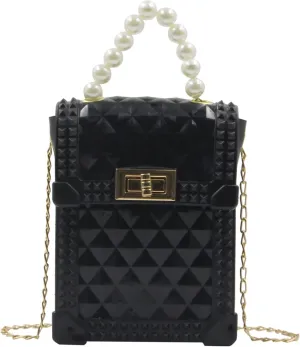 Mini Jelly Bag Purse Lady Girls Crossbody Shoulder bag Top Handle Handbag Portable Pearl Pouch Wallet, Black