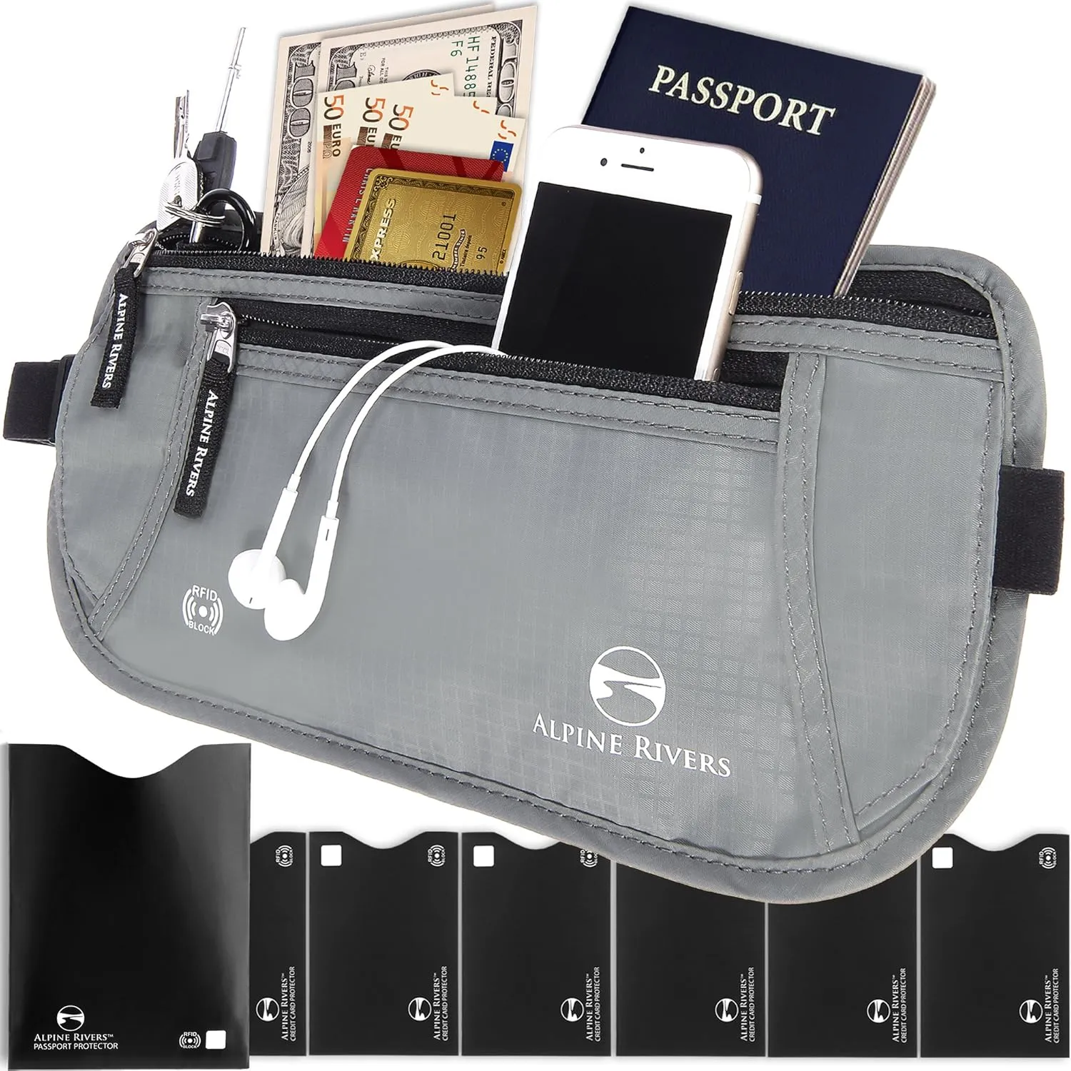 Money Belt - RFID Blocking Hidden Travel Wallet with 7 Bonus Sleeves
