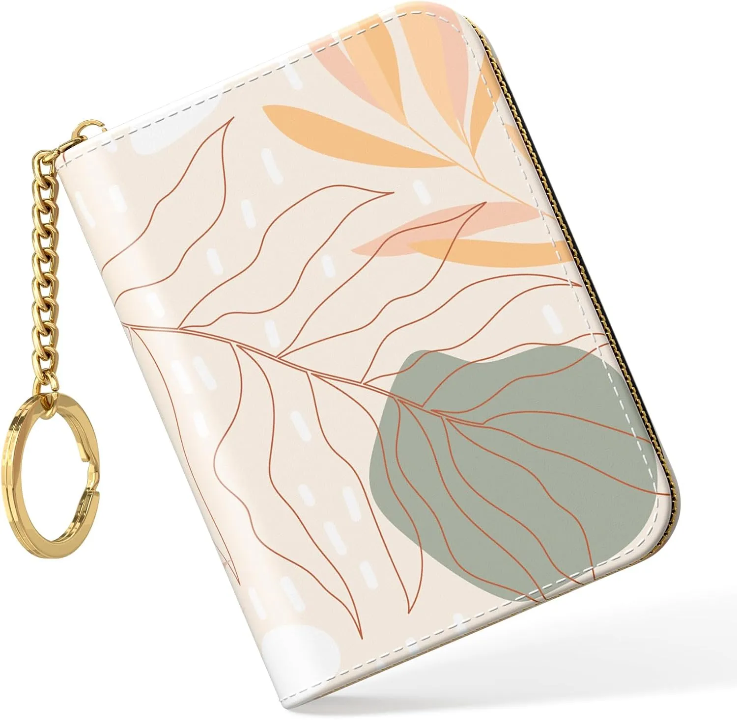 Nipichsha Credit Card Holder, Small RFID Card Wallet for Women, Slim Leather Card Holder Wallet, Credit Card Wallet Organizer, Pocket Business Card Case with Zipper & Keychain, Abstract Art Leaf