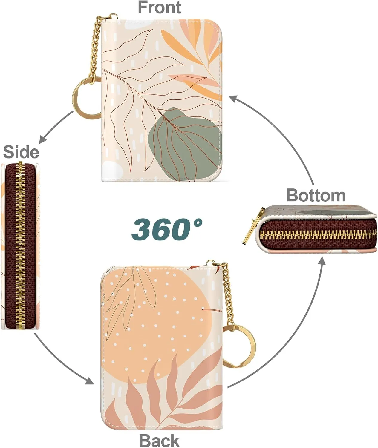 Nipichsha Credit Card Holder, Small RFID Card Wallet for Women, Slim Leather Card Holder Wallet, Credit Card Wallet Organizer, Pocket Business Card Case with Zipper & Keychain, Abstract Art Leaf