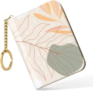 Nipichsha Credit Card Holder, Small RFID Card Wallet for Women, Slim Leather Card Holder Wallet, Credit Card Wallet Organizer, Pocket Business Card Case with Zipper & Keychain, Abstract Art Leaf