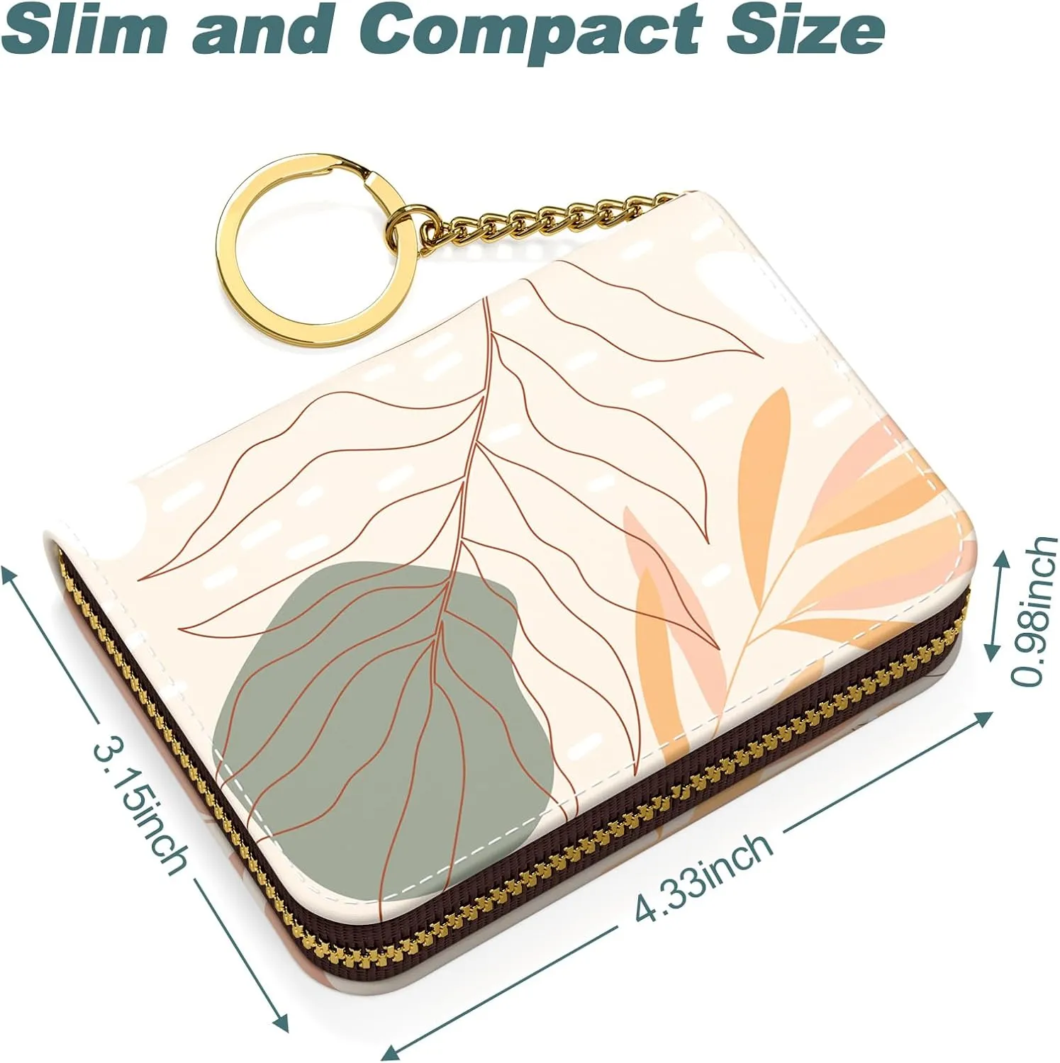 Nipichsha Credit Card Holder, Small RFID Card Wallet for Women, Slim Leather Card Holder Wallet, Credit Card Wallet Organizer, Pocket Business Card Case with Zipper & Keychain, Abstract Art Leaf