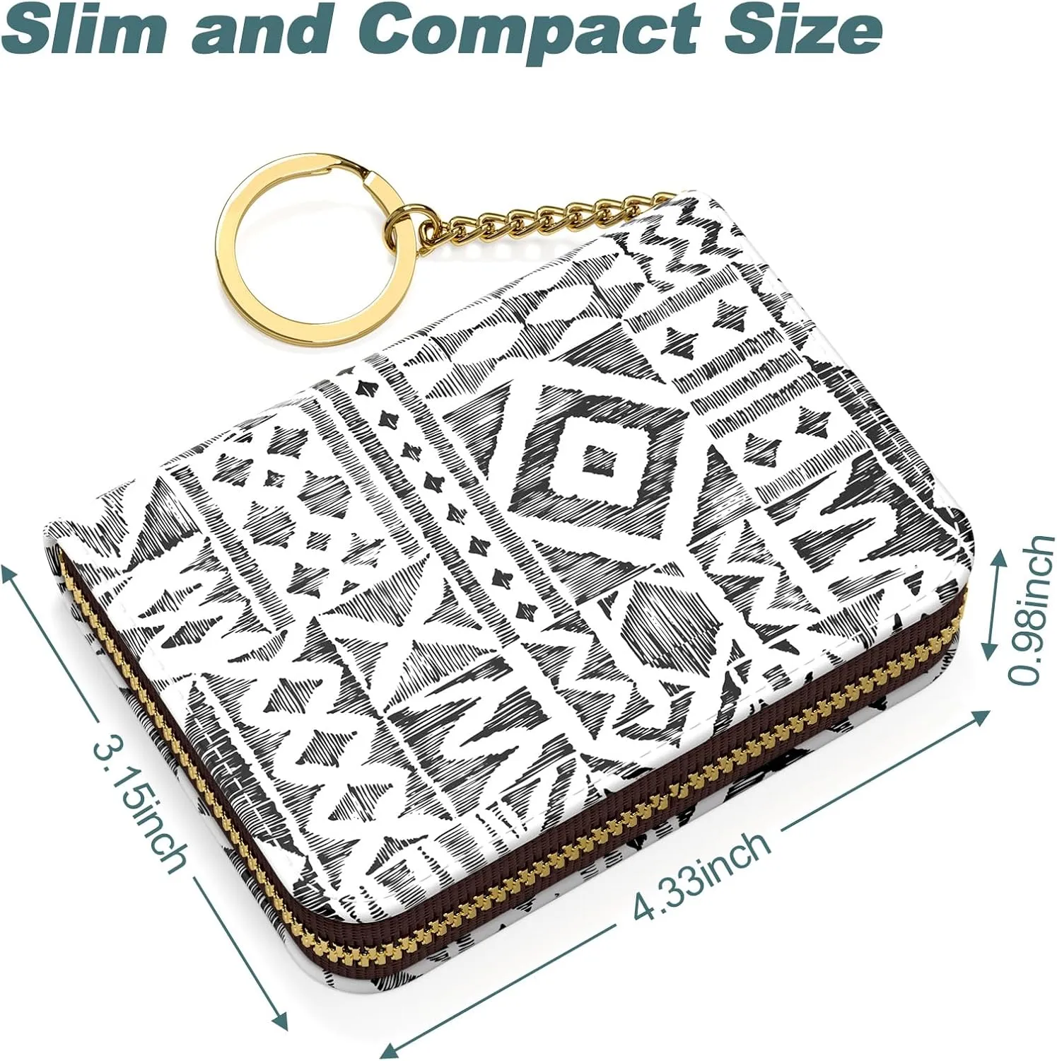 Nipichsha Credit Card Holder, Small RFID Card Wallet for Women, Slim Leather Card Holder Wallet, Credit Card Wallet Organizer, Pocket Business Card Case with Zipper & Keychain, Black Geometry
