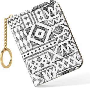 Nipichsha Credit Card Holder, Small RFID Card Wallet for Women, Slim Leather Card Holder Wallet, Credit Card Wallet Organizer, Pocket Business Card Case with Zipper & Keychain, Black Geometry
