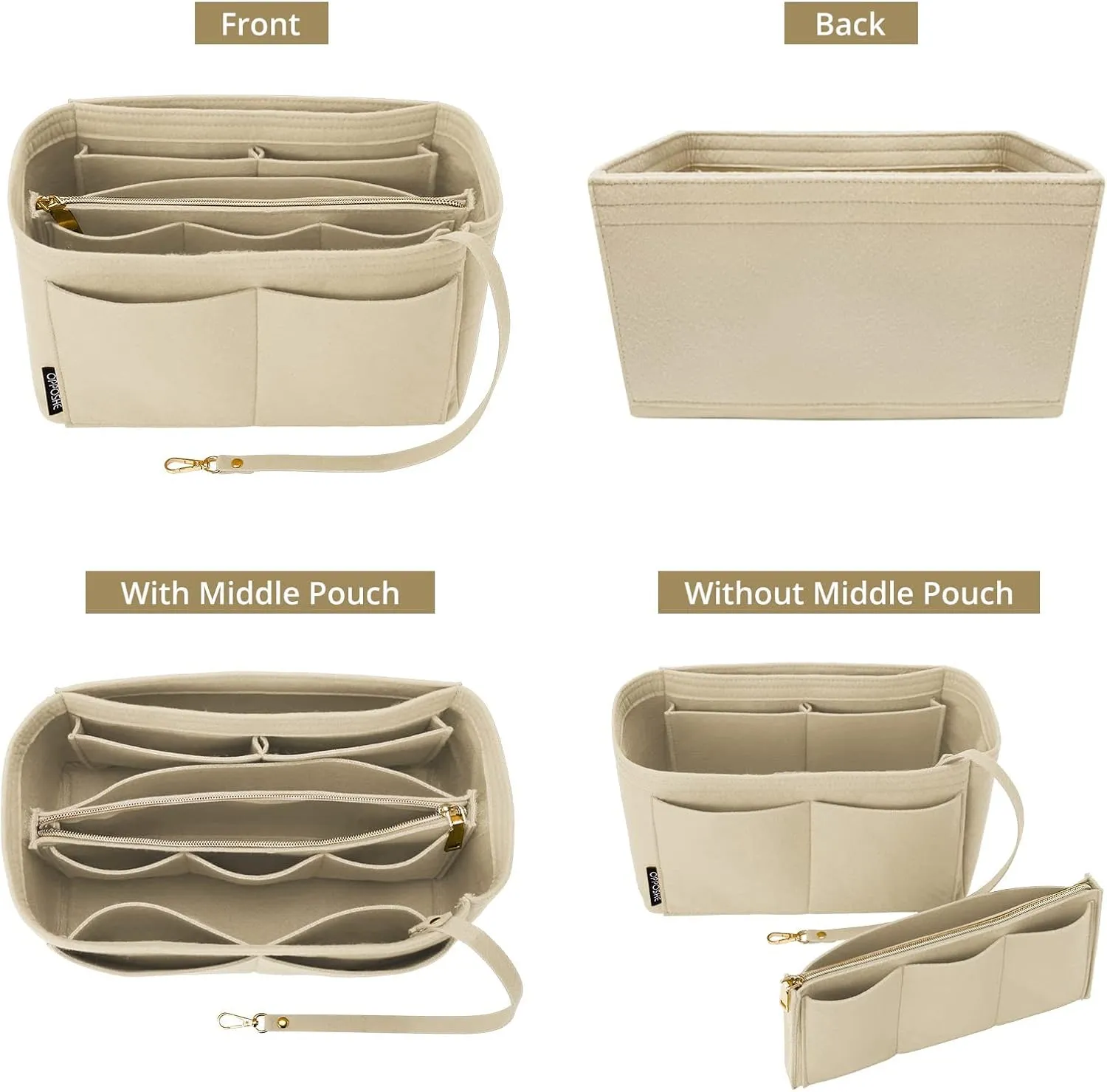 OPPOSHE Purse Organizer Insert for Handbags, Softened Felt Bag Insert Organizer for Tote, Compatible with LV, Coach, MK, Kate Spade, Goyard, Longchamp (Beige, Medium)