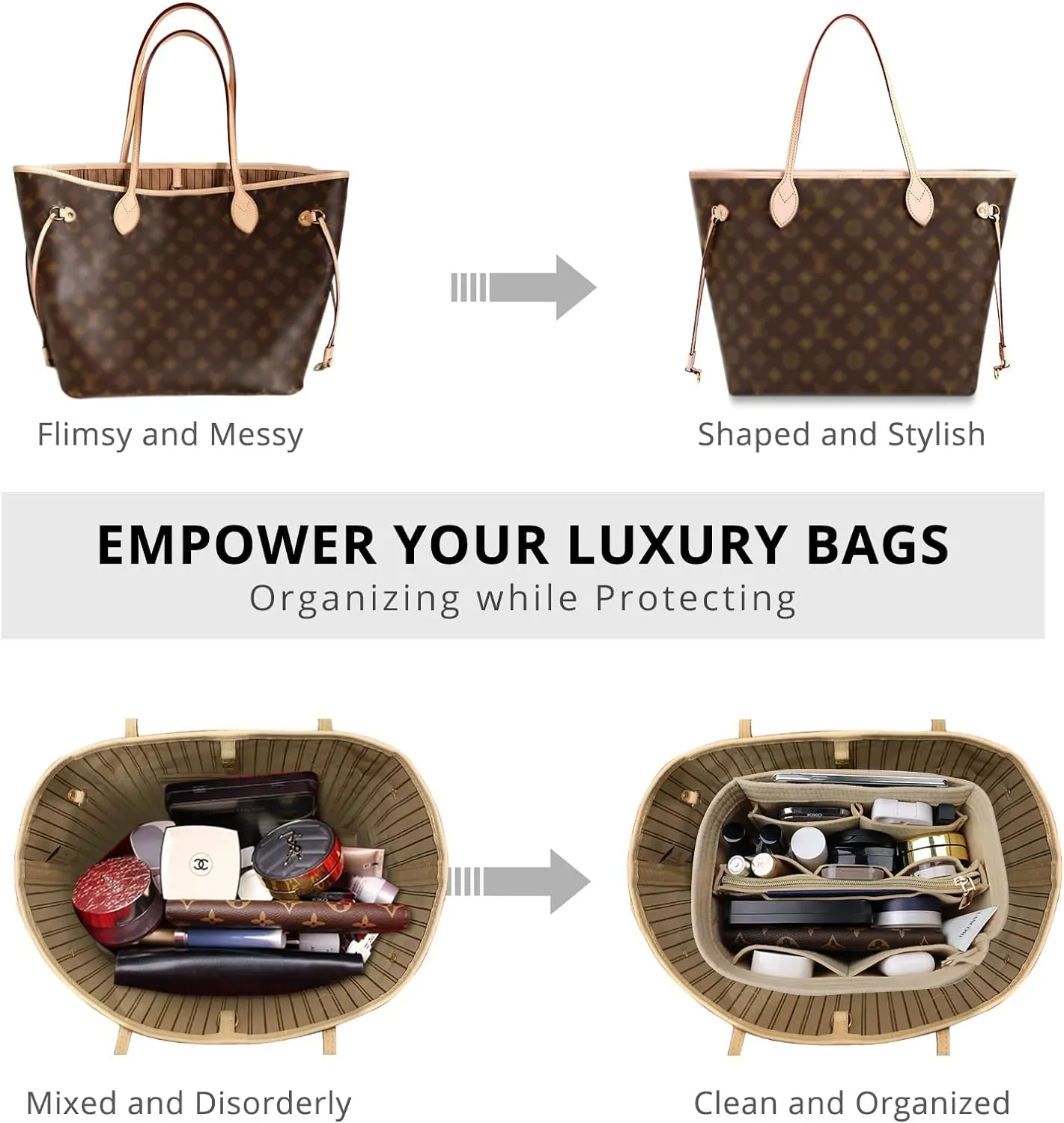 OPPOSHE Purse Organizer Insert for Handbags, Softened Felt Bag Insert Organizer for Tote, Compatible with LV, Coach, MK, Kate Spade, Goyard, Longchamp (Beige, Medium)