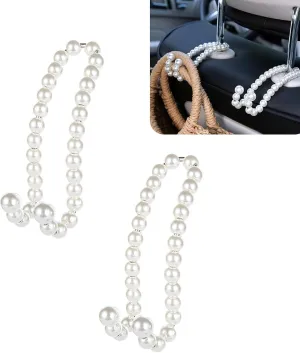 Pack-2 Car Seat Back Storage Hook, 4.72" Elegance Pearl Trim Multifunctional Hanging Organizer for Backpack Mobile Phone, Stainless Steel Strong Load-Bearing Hook, Universal for Cars (White)