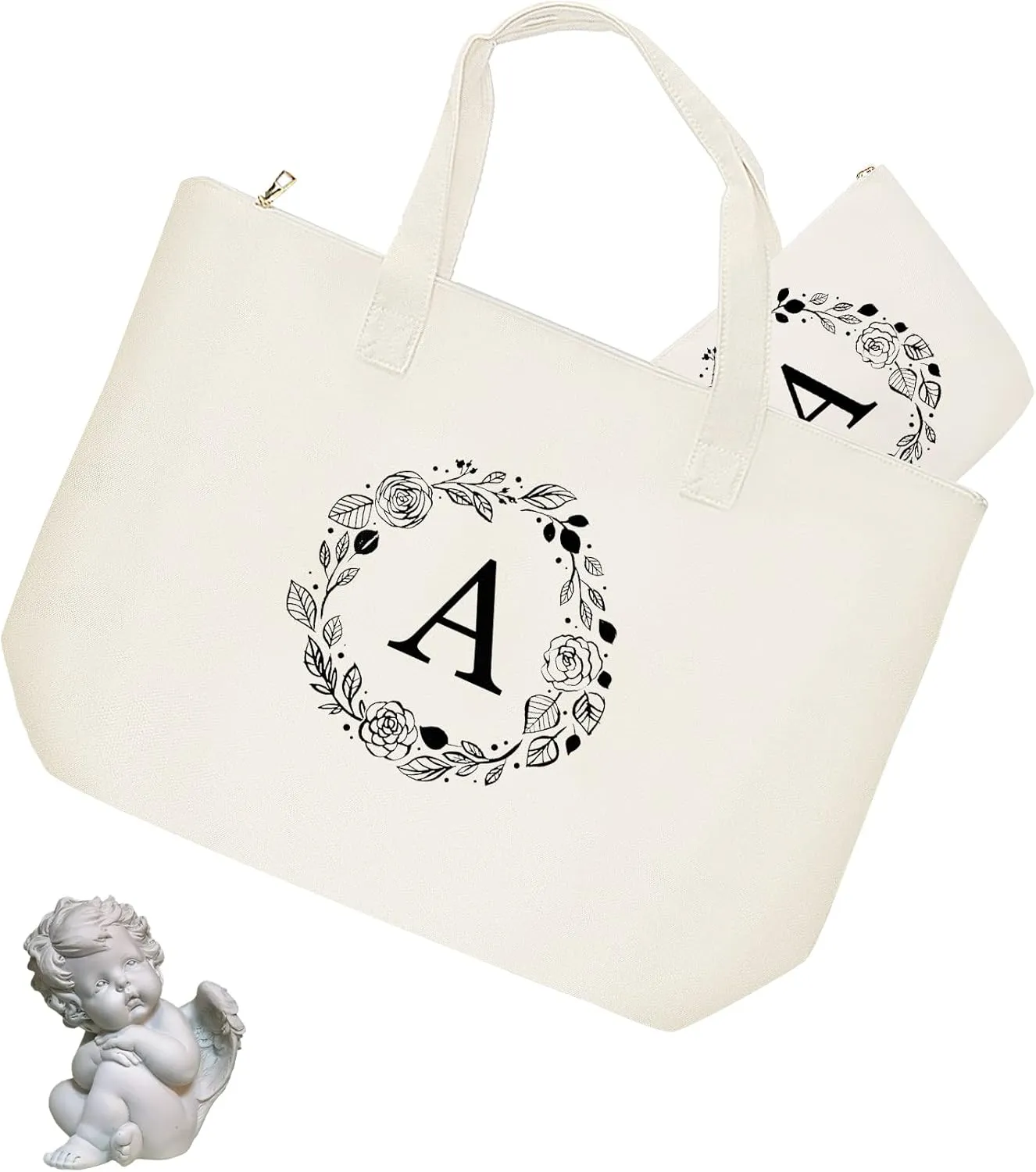 Personalized Initial Canvas Tote Bag with Zipper, Present Bag with Inner Pocket & Make Up Bag, Great Gifts for Women, Mom, Teachers, Friends, Bridesmaids