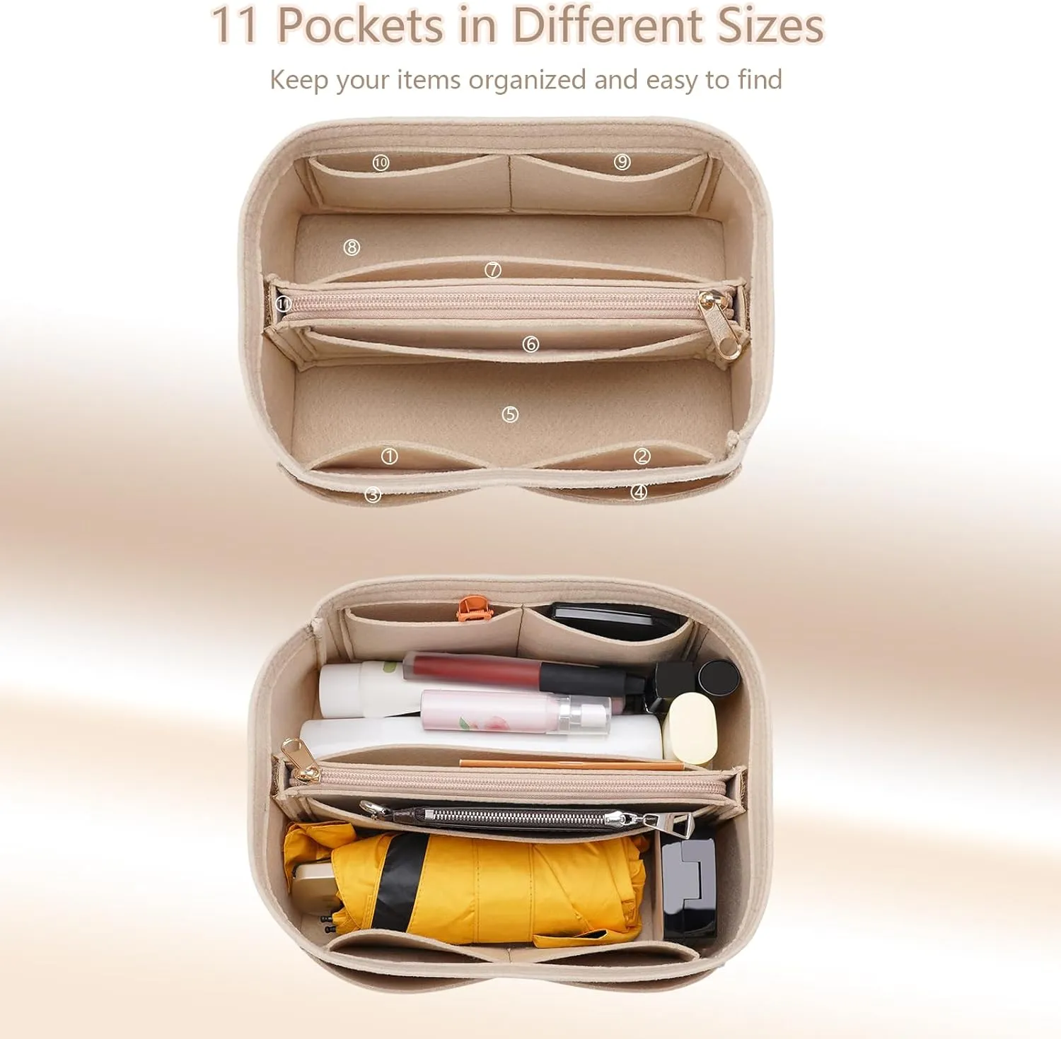 Purse Organizer Insert for LV Noe Bucket Bags,Tote Bag Organizer with zipper insert (Large, Beige)