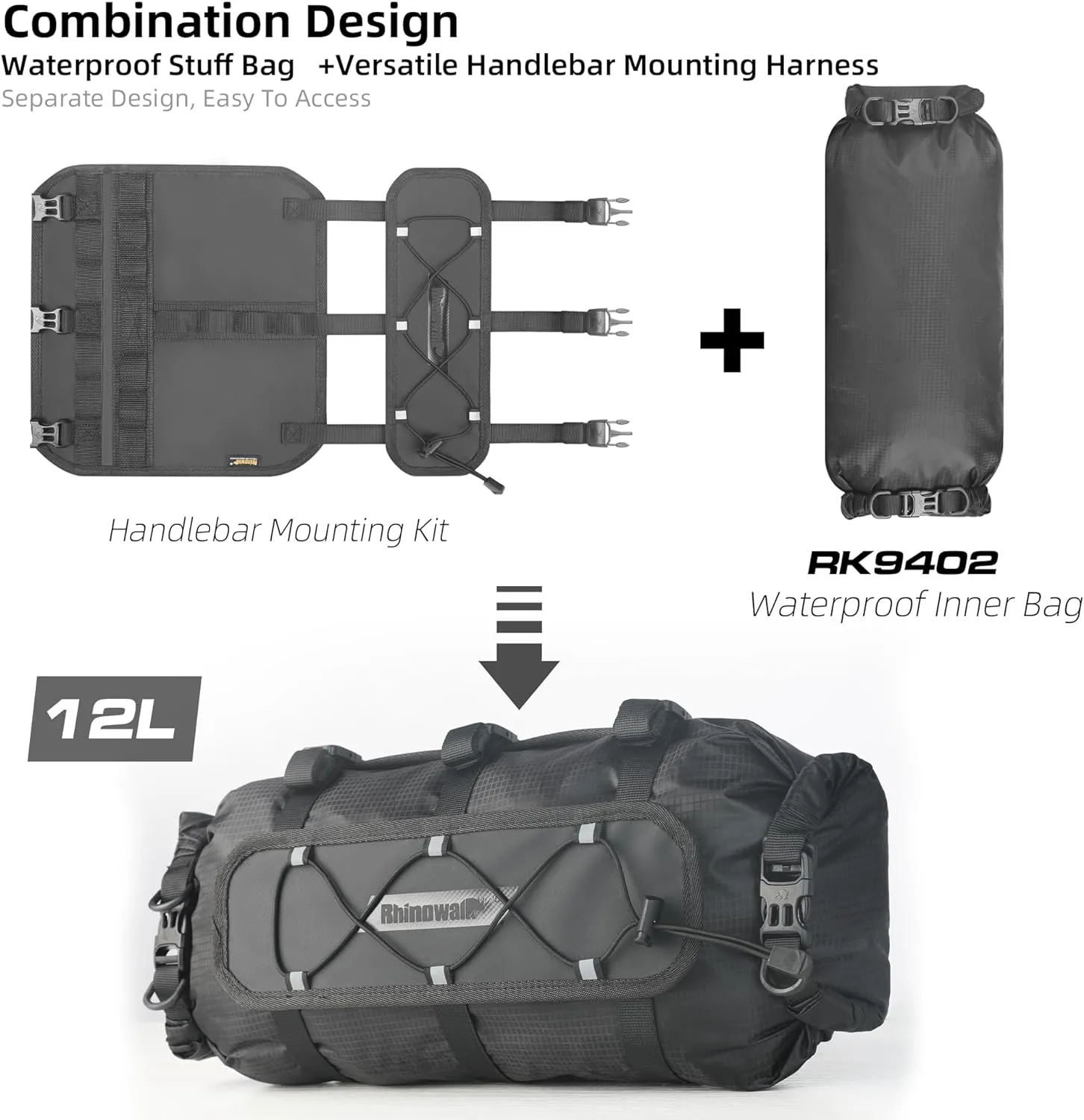 Rhinowalk Bike Handlebar Bag Waterproof Dry Bag 12L Bicycle Front Roll Bag Large Capacity Storage Bag Shoulder Bag for Bikepacking