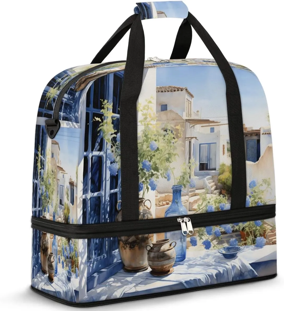 Rustic Courtyard Scene Travel Duffel Bag, Travel Essentials, Gym Bag for Women, Weekender Overnight Bag With Shoes Compartment, Carry On Bags for Airplanes